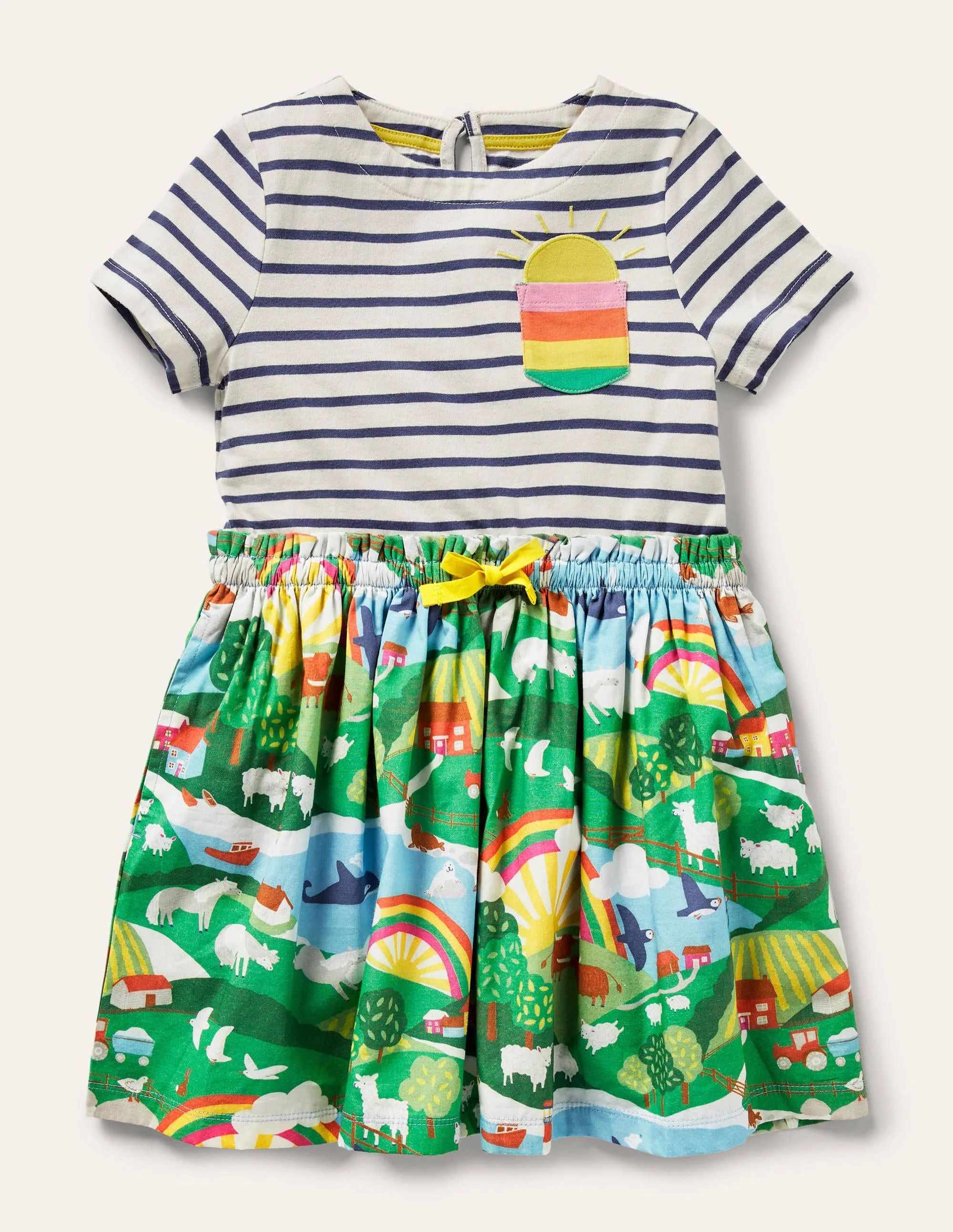 Kurzärmliges Kleid mit Mustermix-Naturweiß/Segelblau, Szenenmotiv