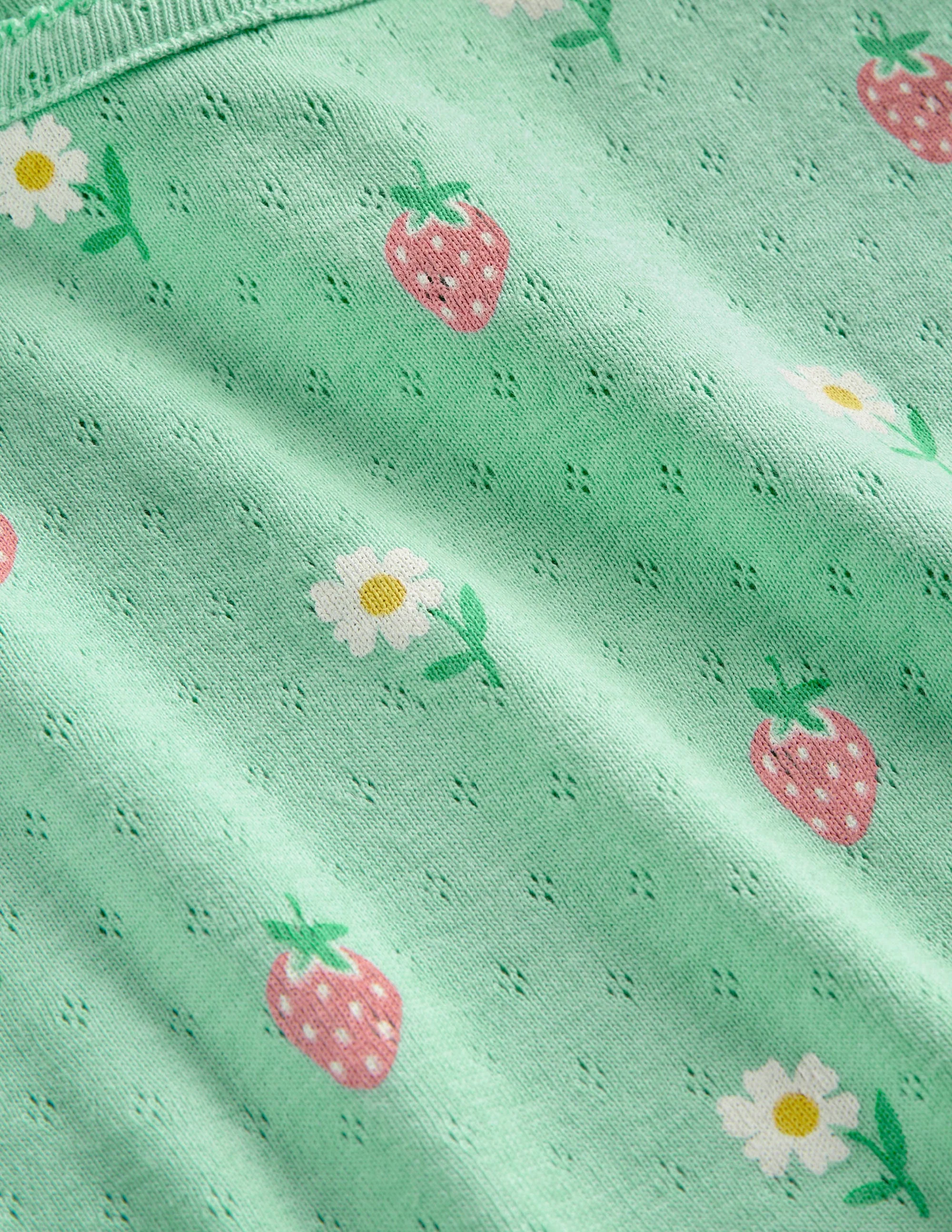 Kurzärmliges Pointelle-Oberteil-Grün, Gänseblümchen/Erdbeeren - Image 3