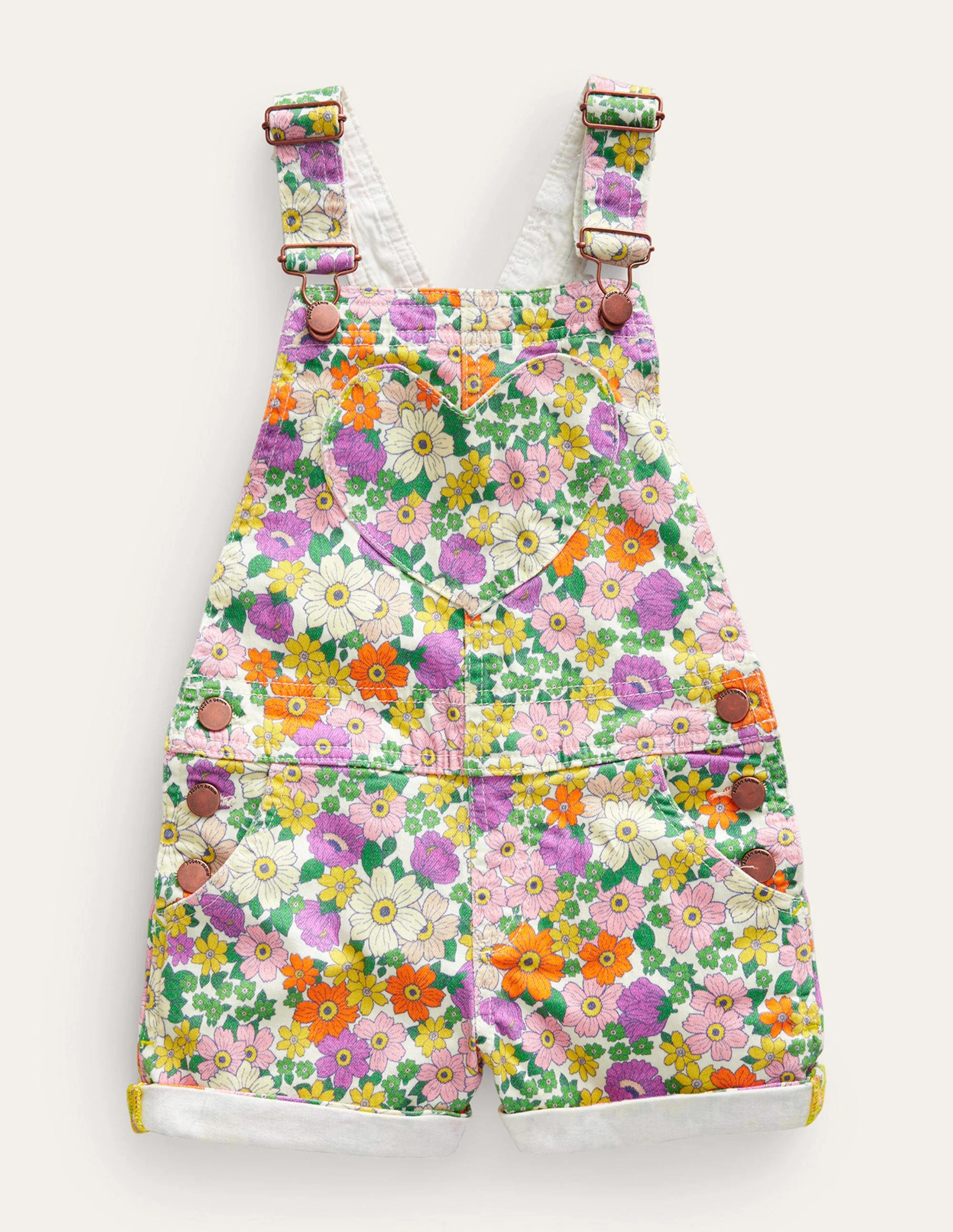 Kurze Latzhose mit Herztaschen-Naturweiß/Violett, Blumenmuster