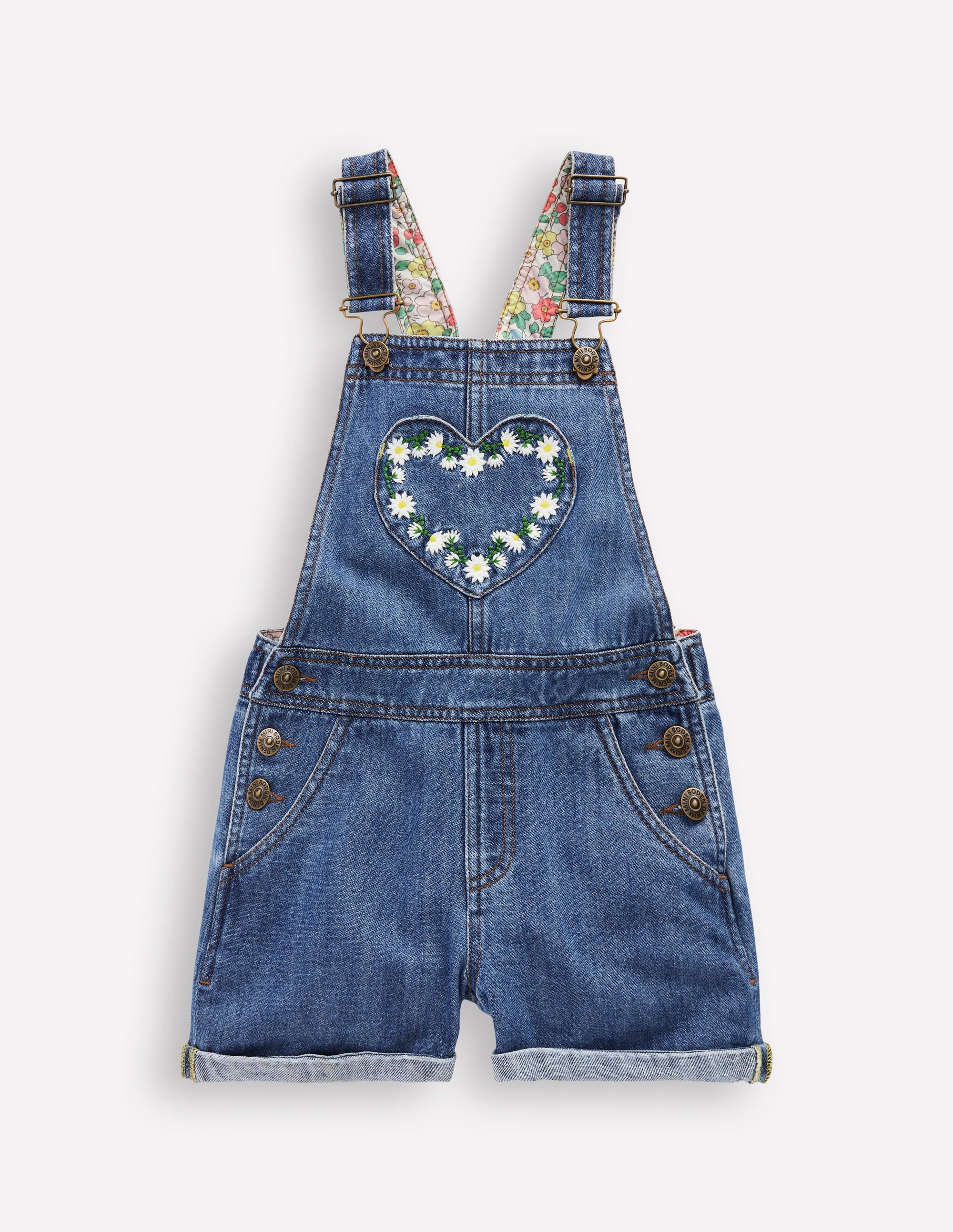 Kurze Latzhose mit Herztaschen-Vintage Bestickt Gänseblümchen