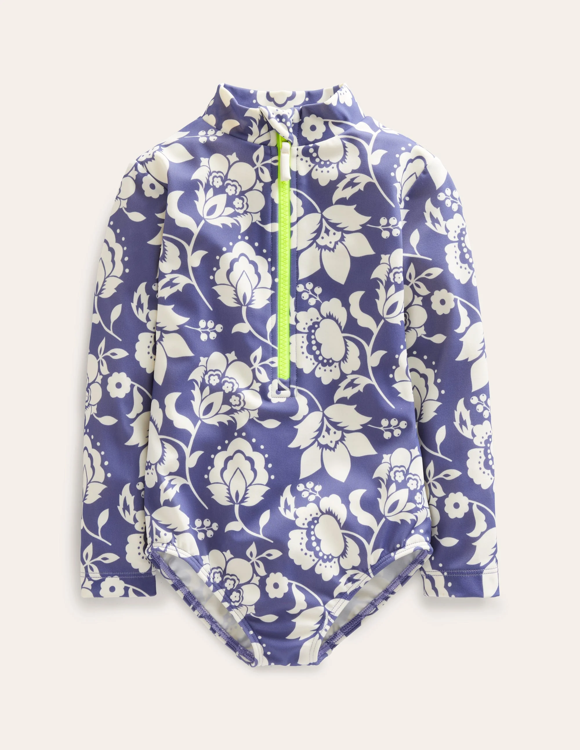 Langärmeliger Badeanzug-Sanftes Segelblau, Blumenmuster