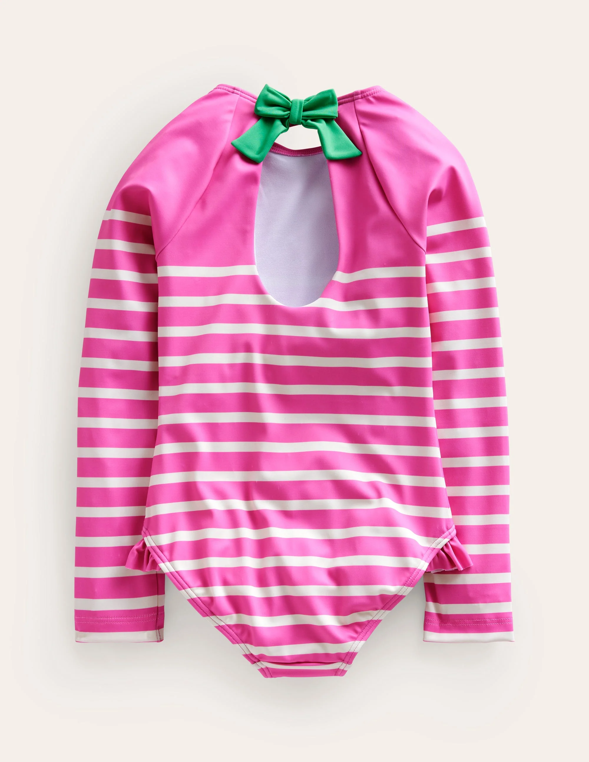 Langärmliger Badeanzug mit Rüschen-Rosa, Naturweiß Streifen - Image 2