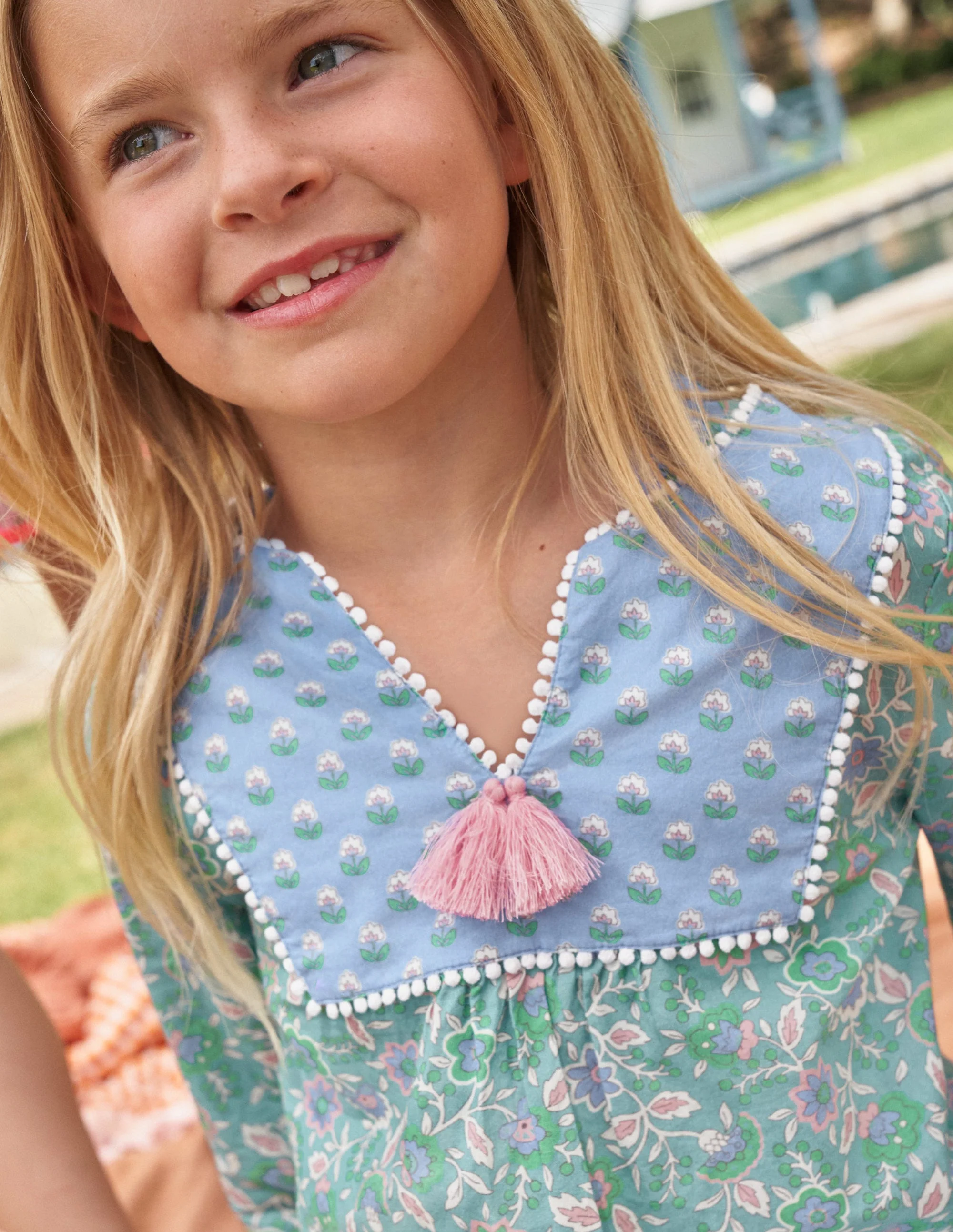 Langärmliger Kaftan mit Muster-Wasserblau, Blumenranken - Image 5