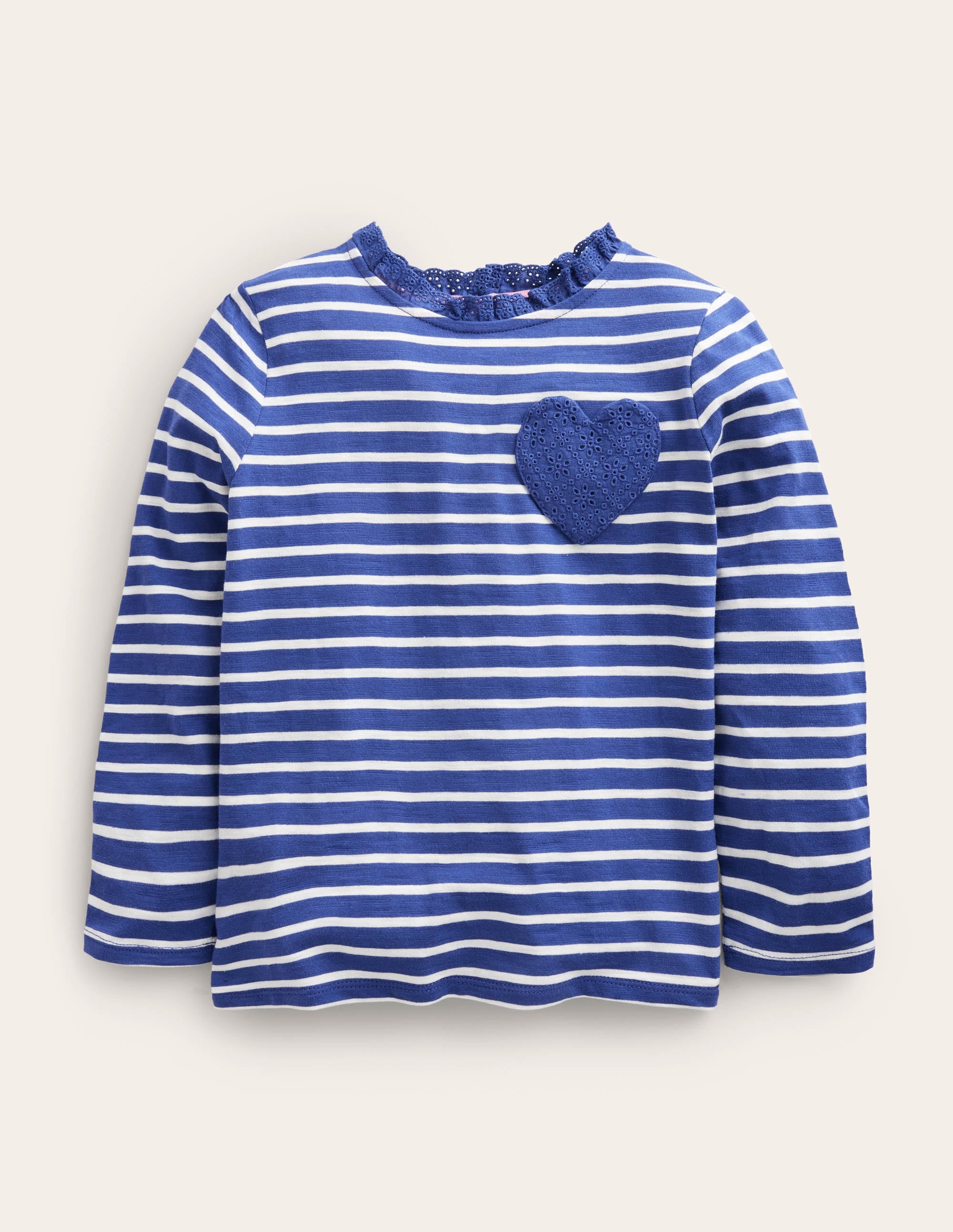 Langärmliges Oberteil mit Herztasche-Segelblau/Naturweiß
