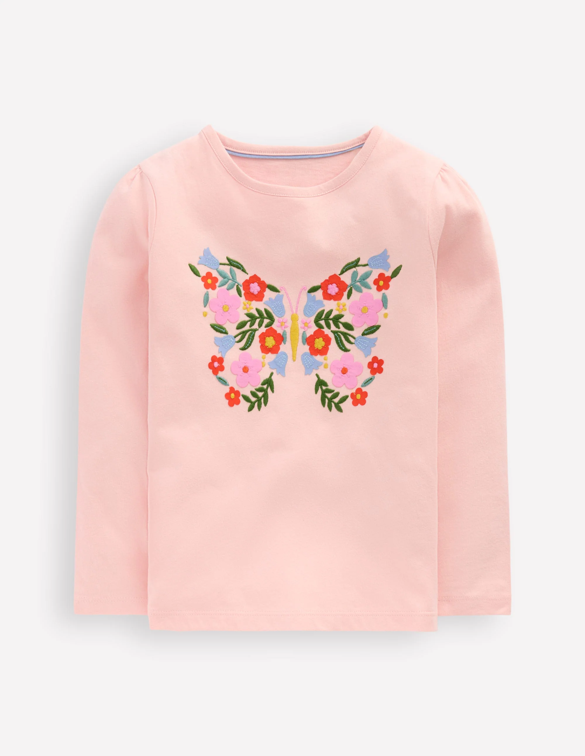 Langarmshirt mit Puffärmeln und Applikation-Kreiderosa Schmetterling