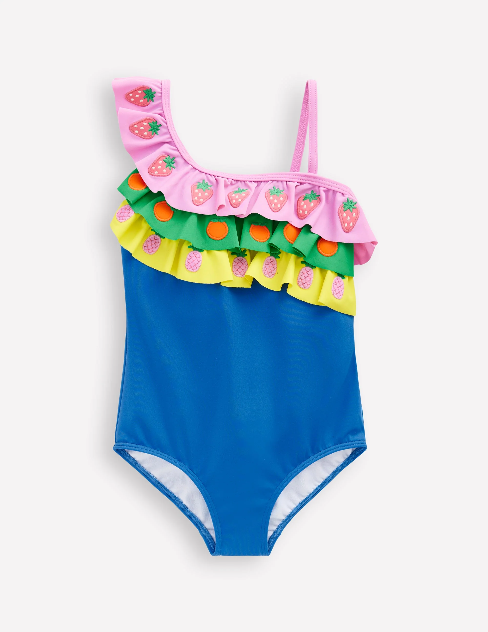 Lila Badeanzug mit einem Träger-Bunt, Früchte