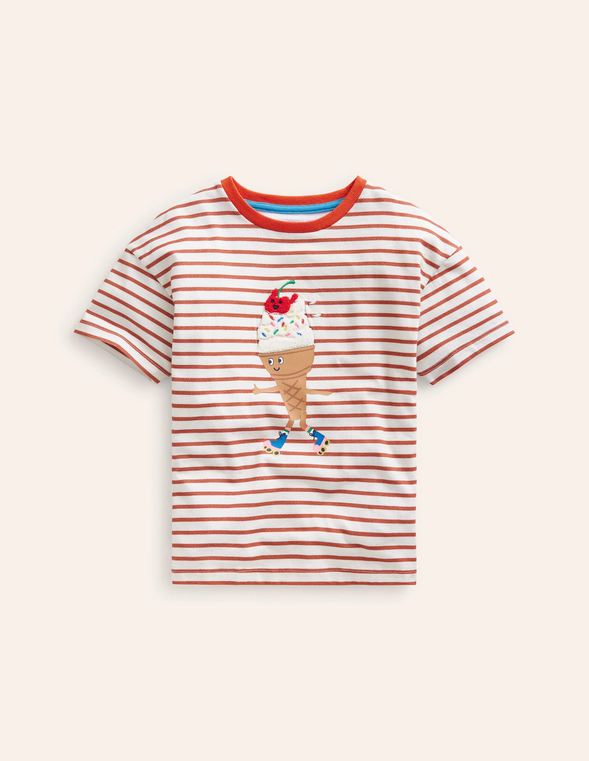 Lockeres T-Shirt aus Bouclé-Naturweiß/ Korallenrosa Eiscreme