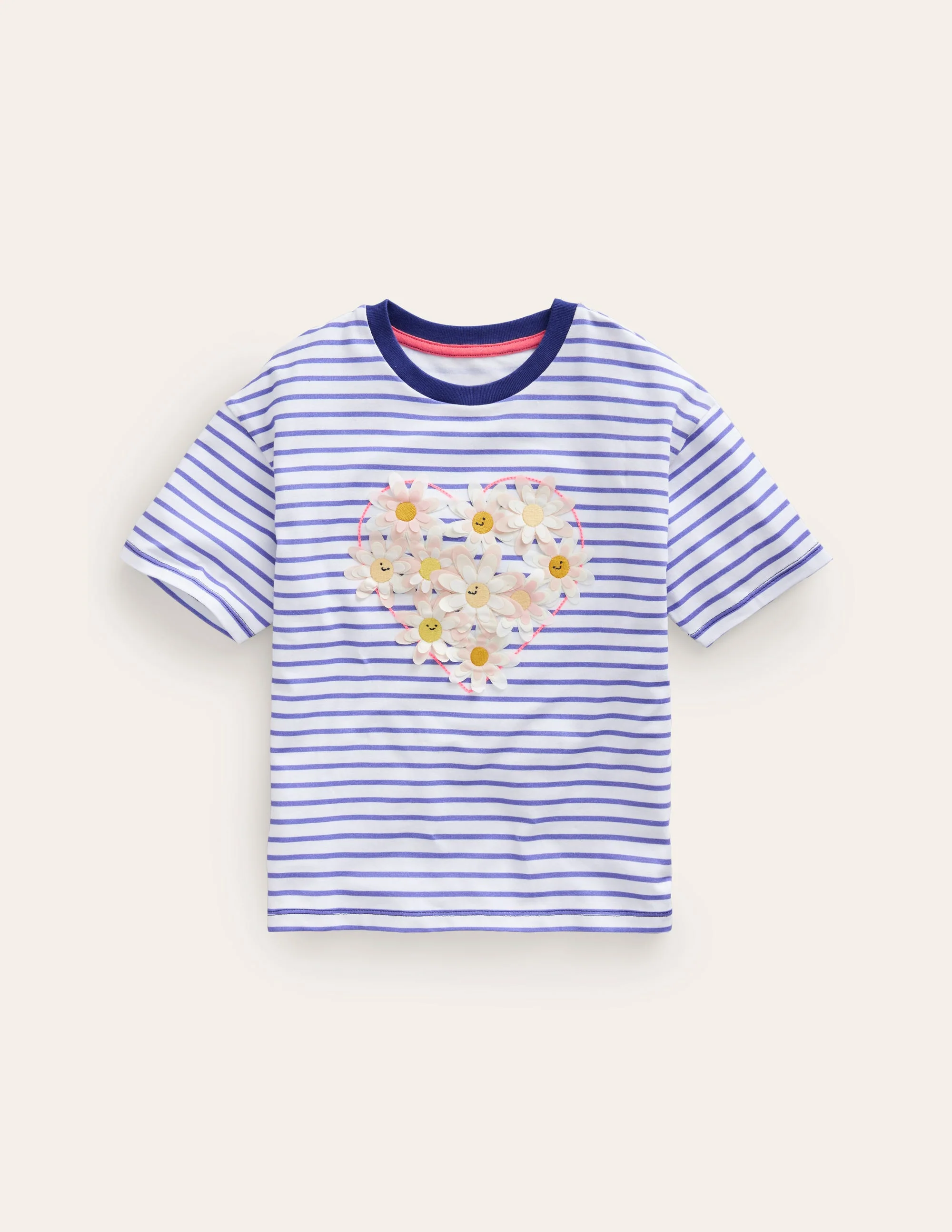 Lockeres T-Shirt aus Bouclé-Tiefblau/Naturweiß Herz