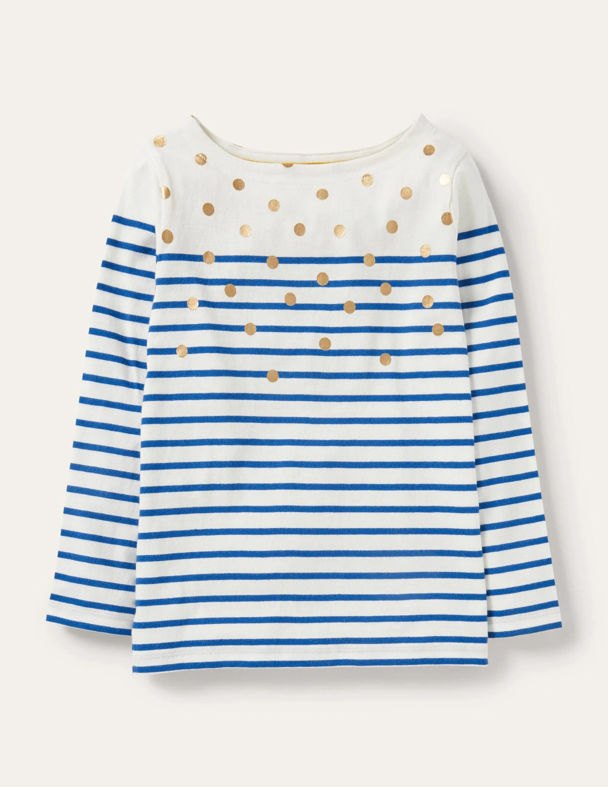 Lustiges Bretonshirt-Naturweiß/Hellblau, Goldene Tupfen