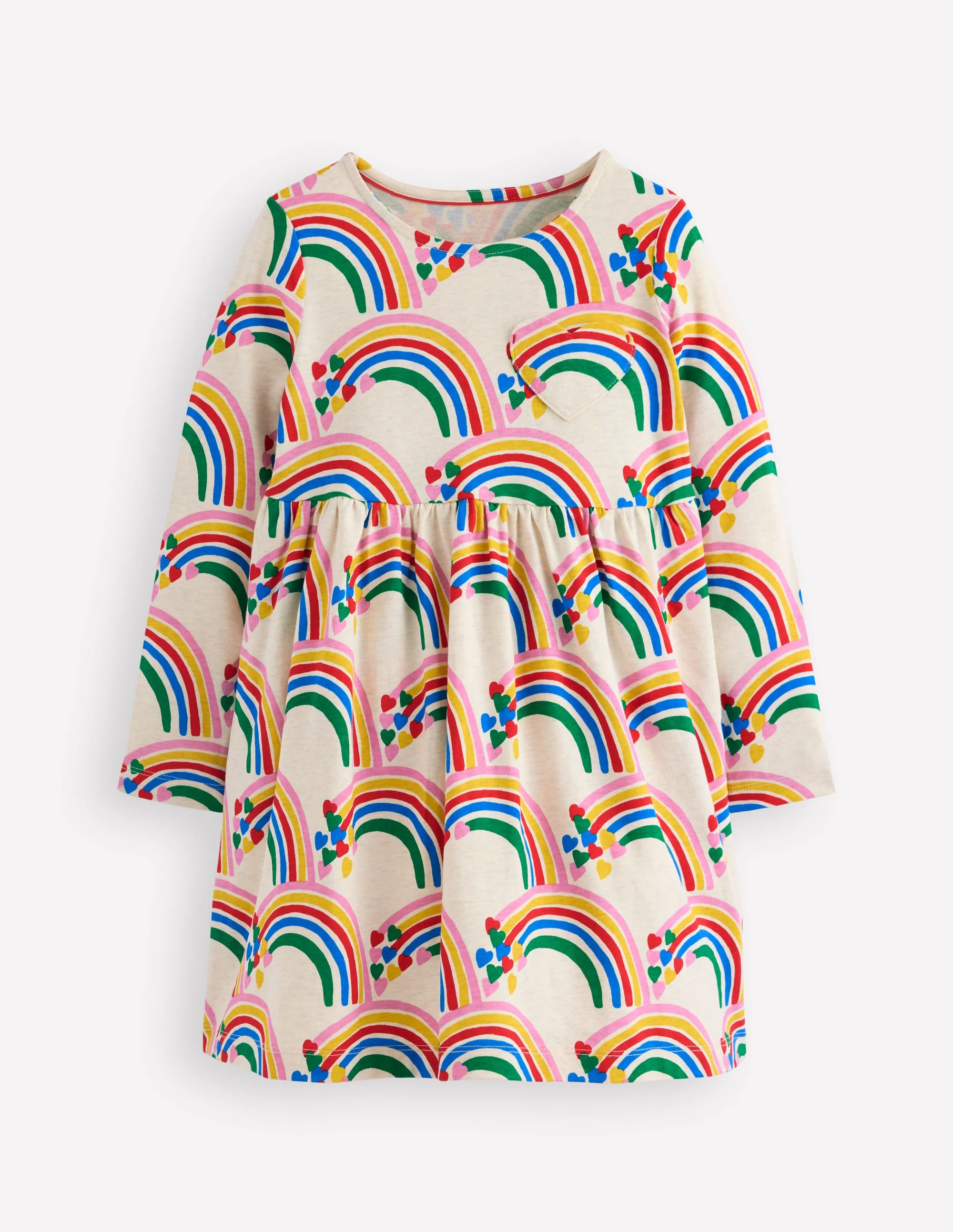 Lustiges Jerseykleid mit Herztasche-Haferbeige Meliert Regenbogenherzen
