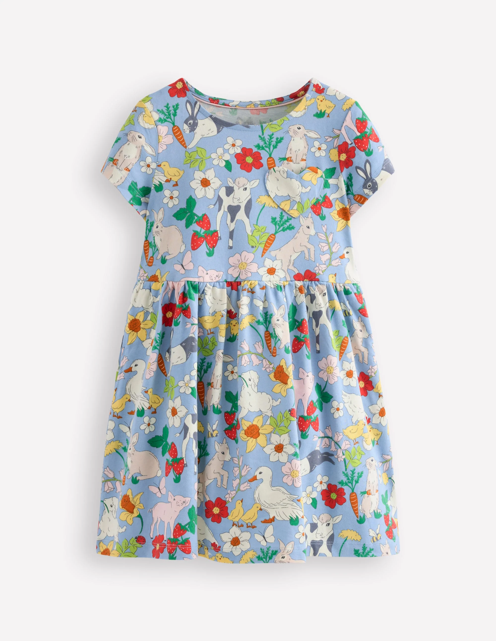 Lustiges Jerseykleid mit Herztasche-Nebliges Blau Frühlingswiese