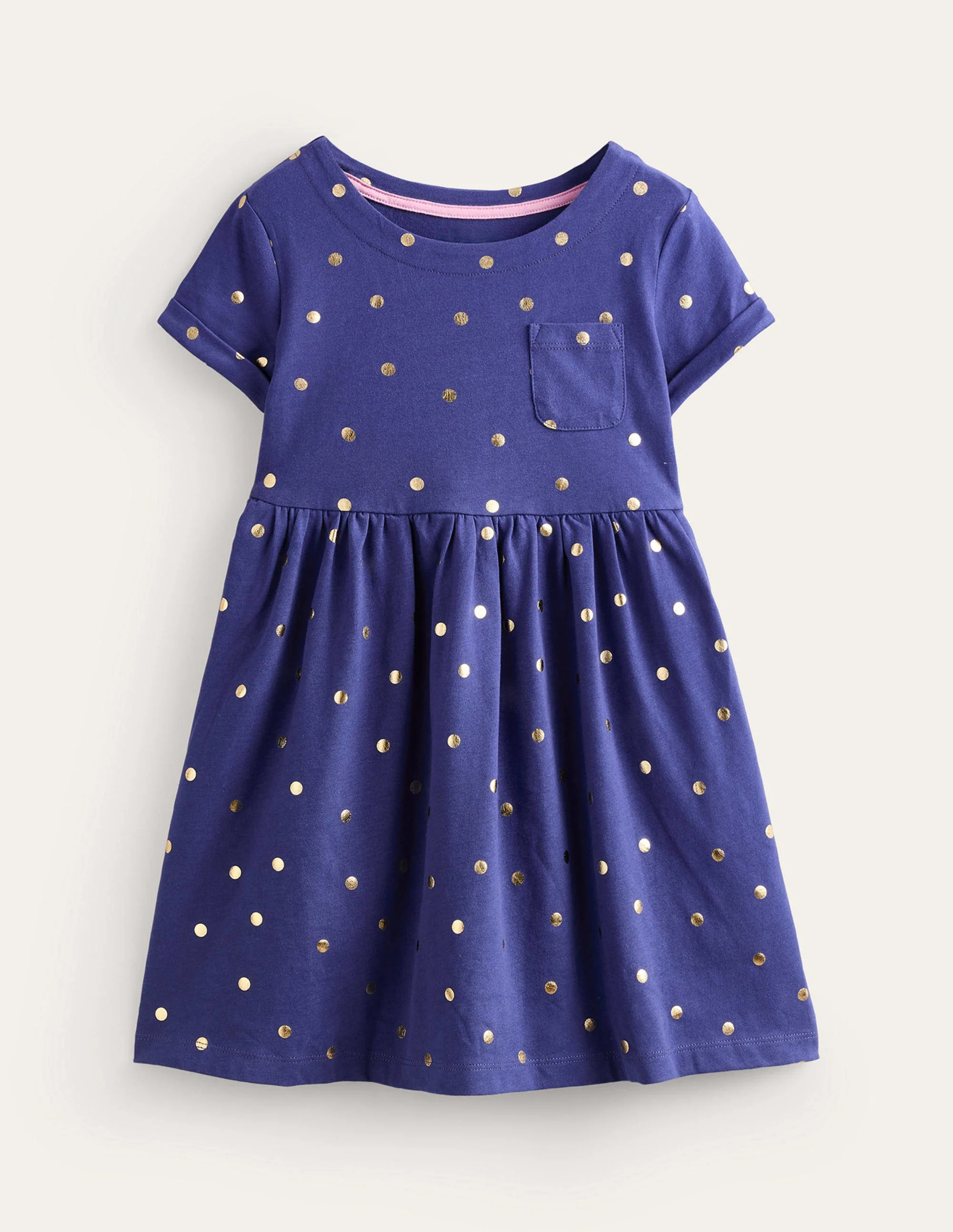 Lustiges Jerseykleid mit kurzen Ärmeln-Klassisches Marineblau/Goldene Punkte