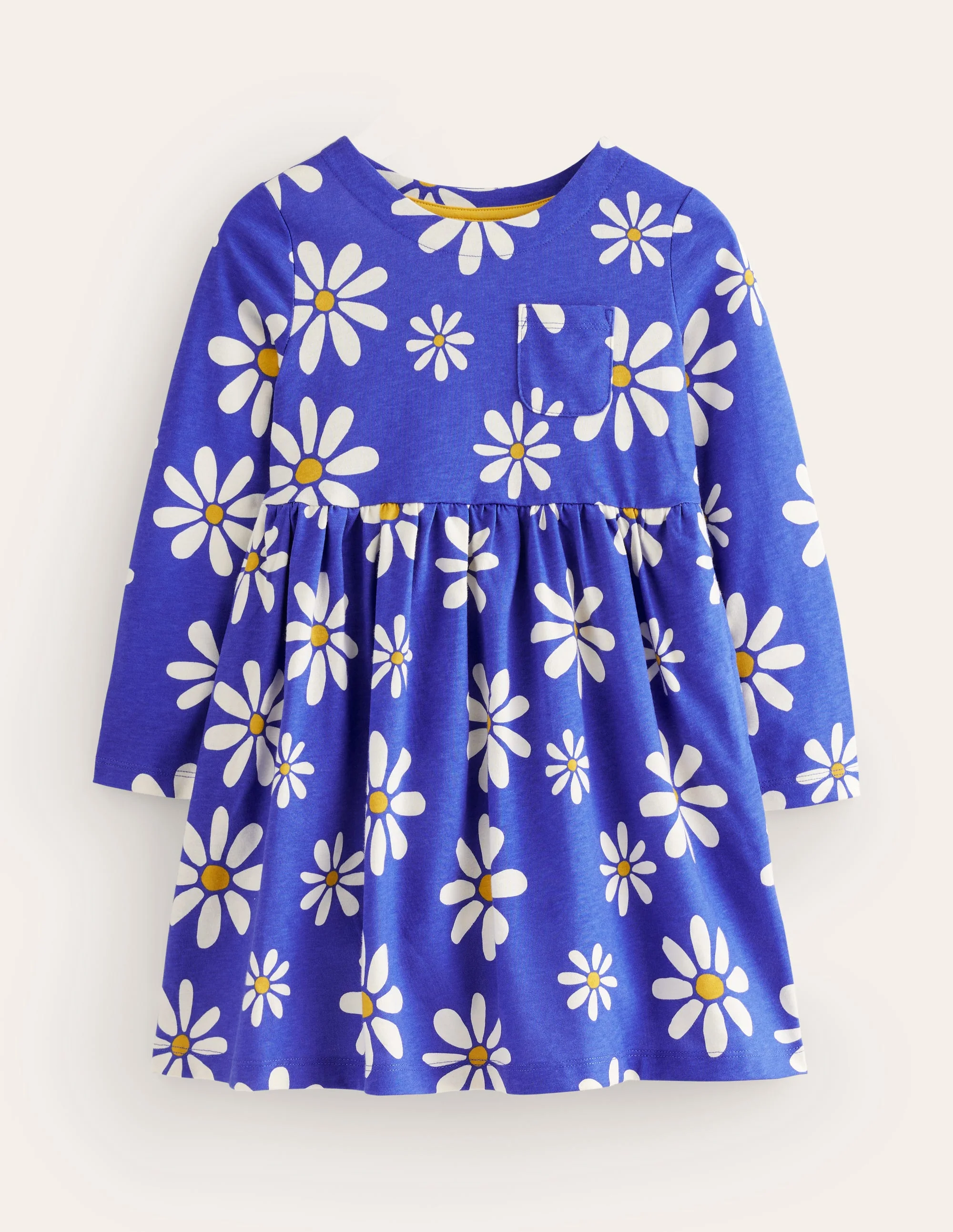 Lustiges Jerseykleid mit langen Ärmeln-Saphirblau Gänseblümchen