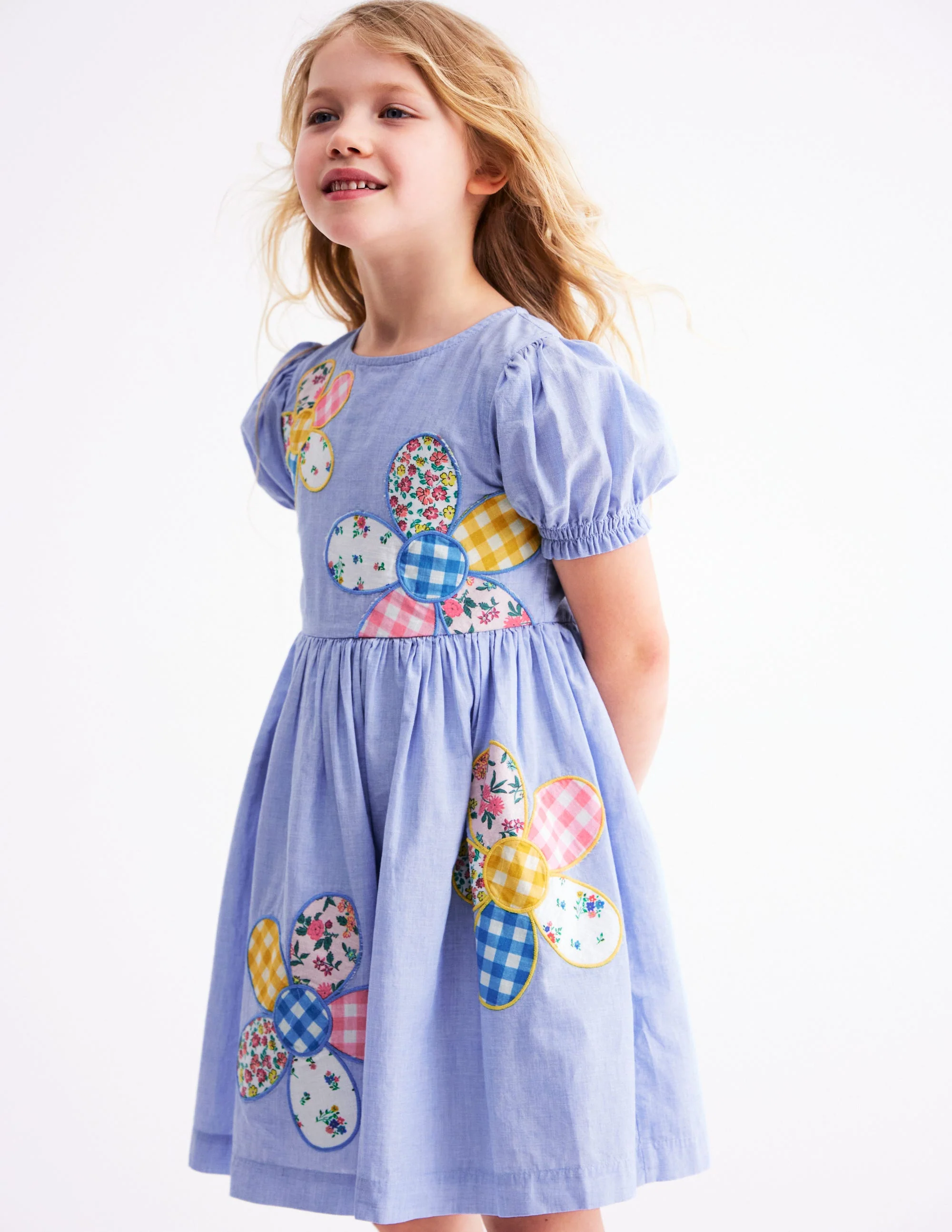 Madeline Gewebtes Kleid-Blumenmuster Patchwork-Applikationen