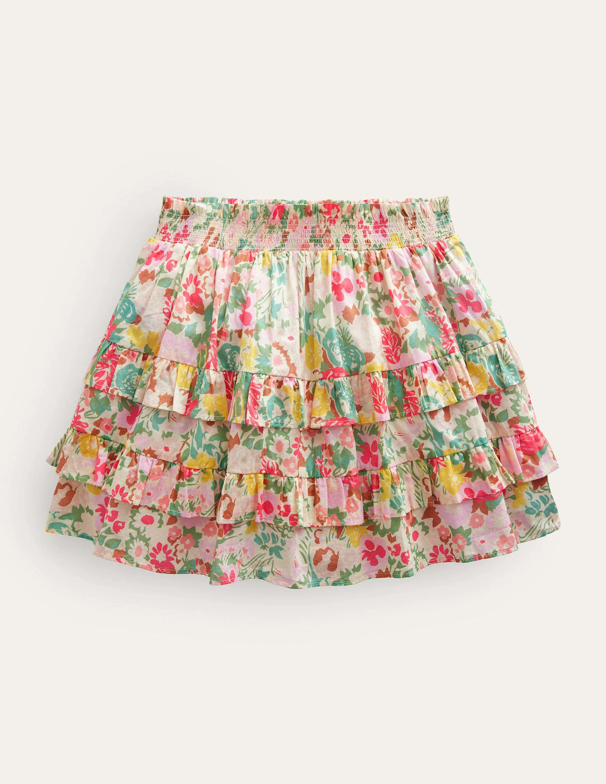 Miniskort mit Rüschen-Bunt, Gemaltes Blumenmuster