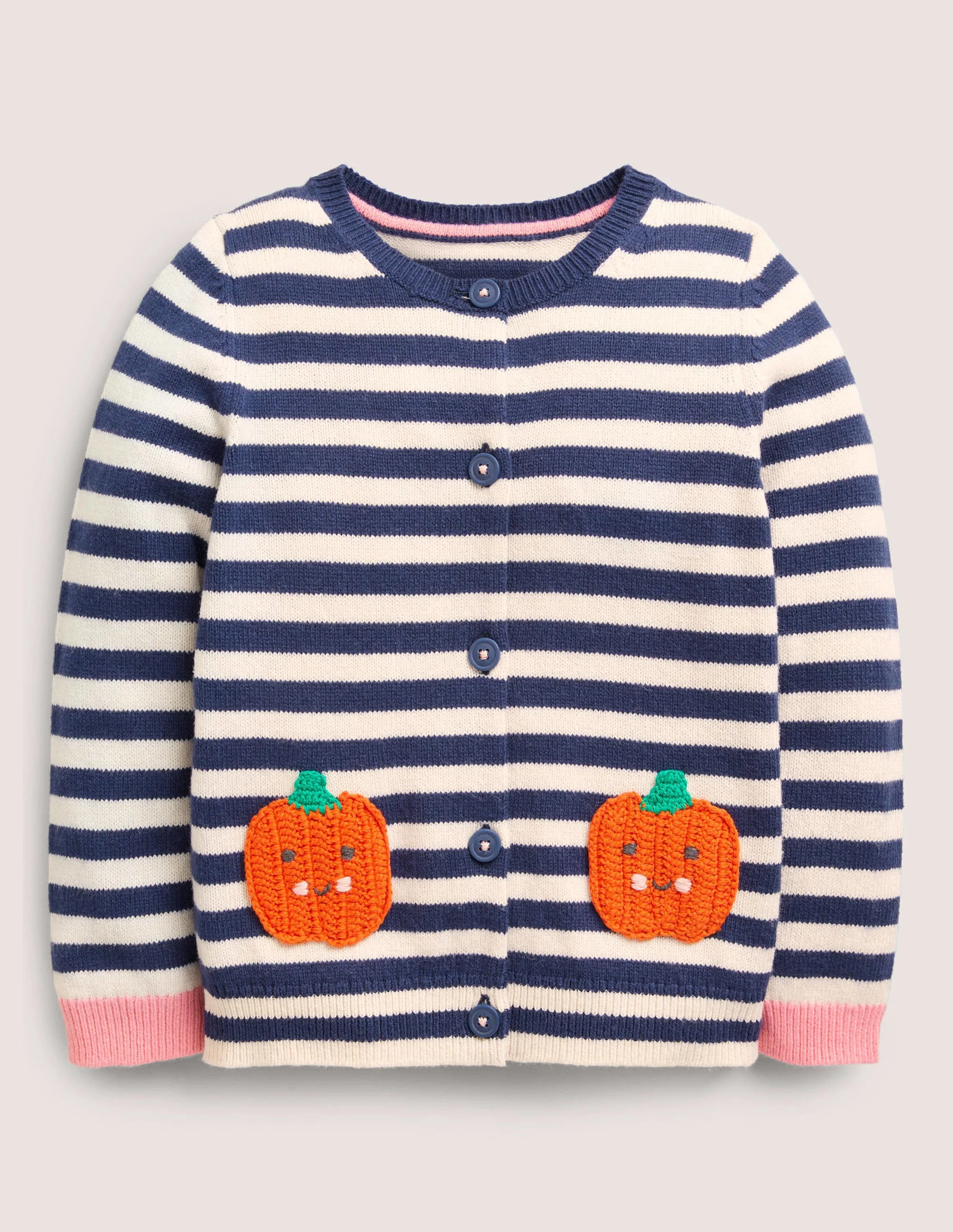 Navy Stripe Pumpkin Pockets Halloween Cardigan-Navy/Naturweiß, Kürbisse