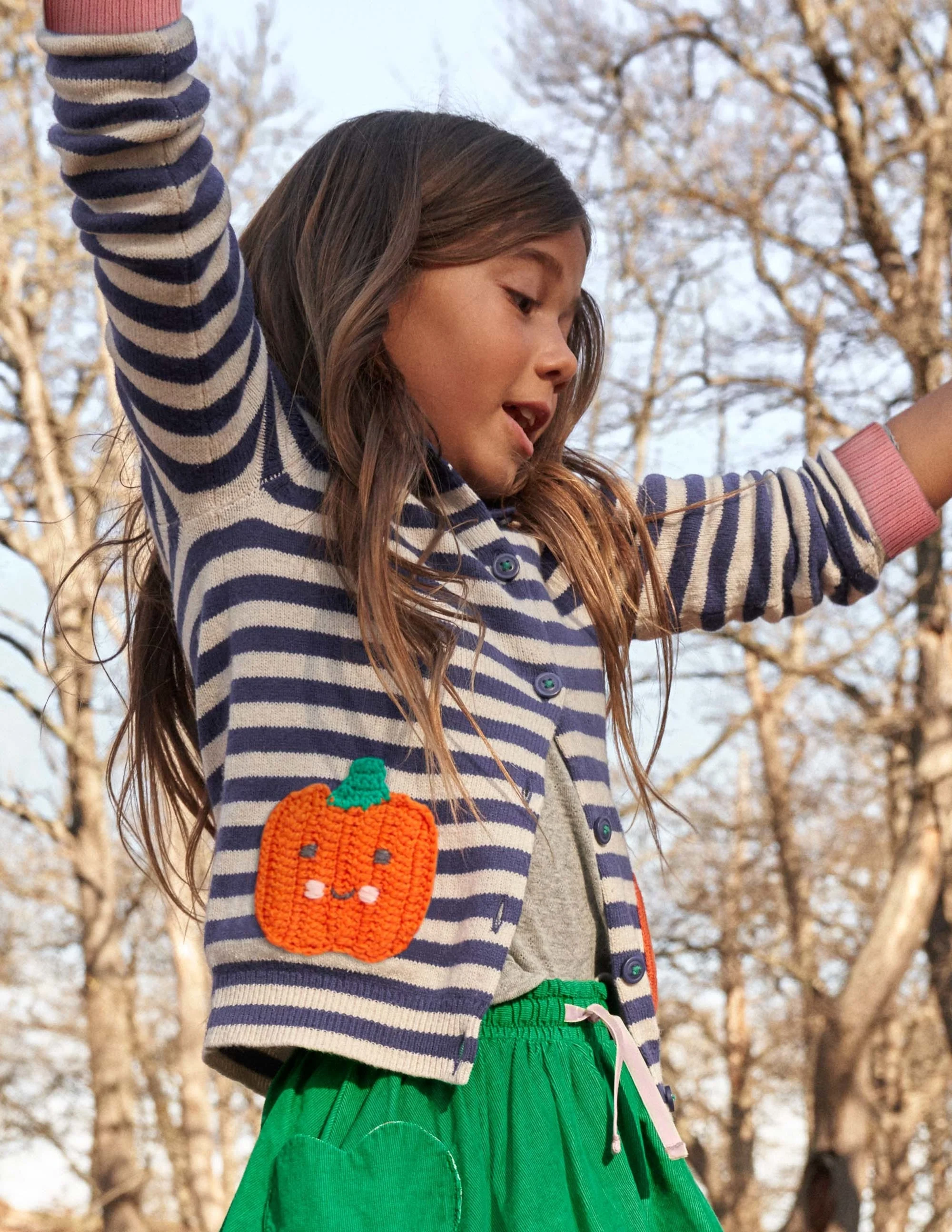Navy Stripe Pumpkin Pockets Halloween Cardigan-Navy/Naturweiß, Kürbisse - Image 4