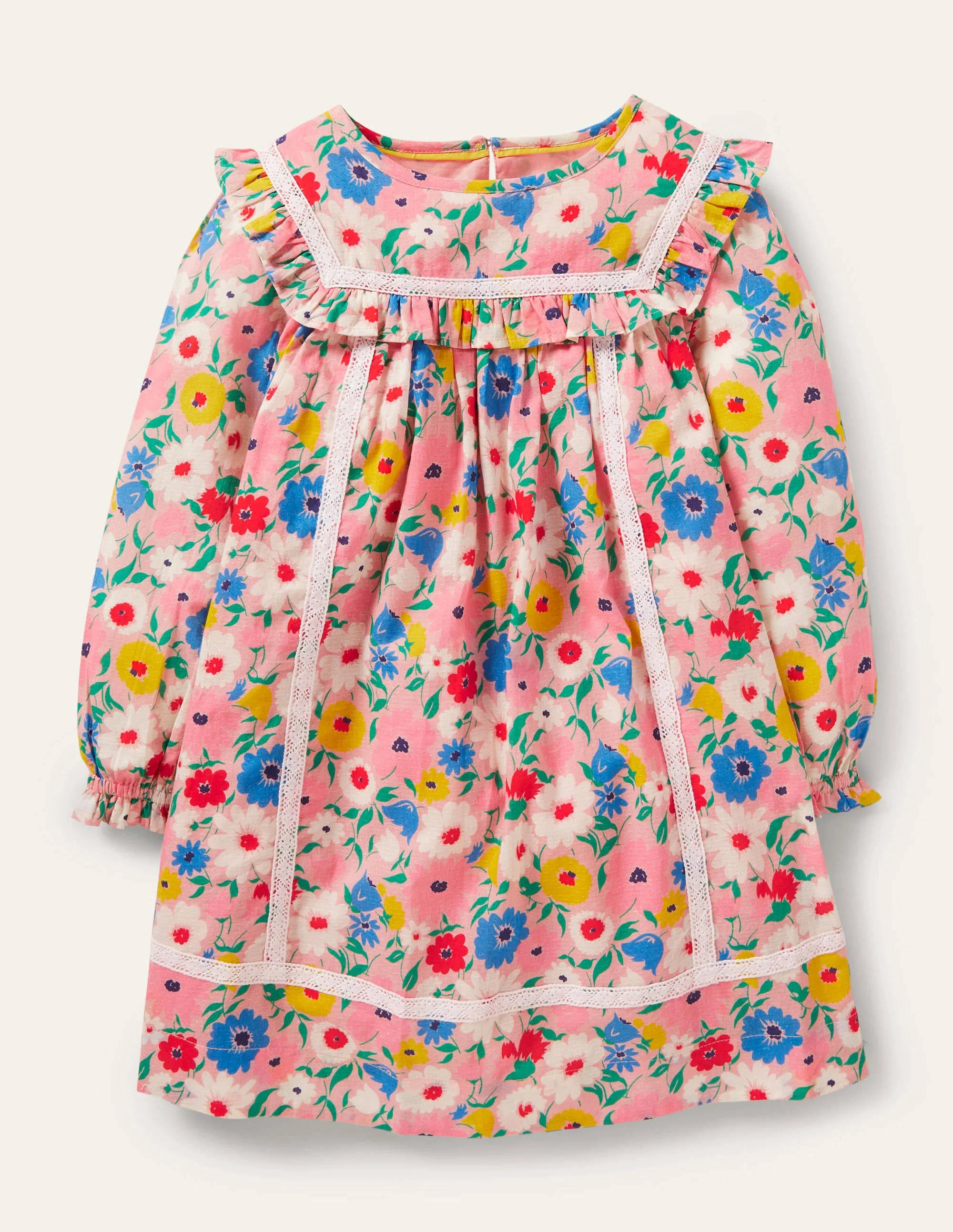Nostalgisches Kleid mit langen Ärmeln-Delfinrosa, Gemaltes Blumenmuster