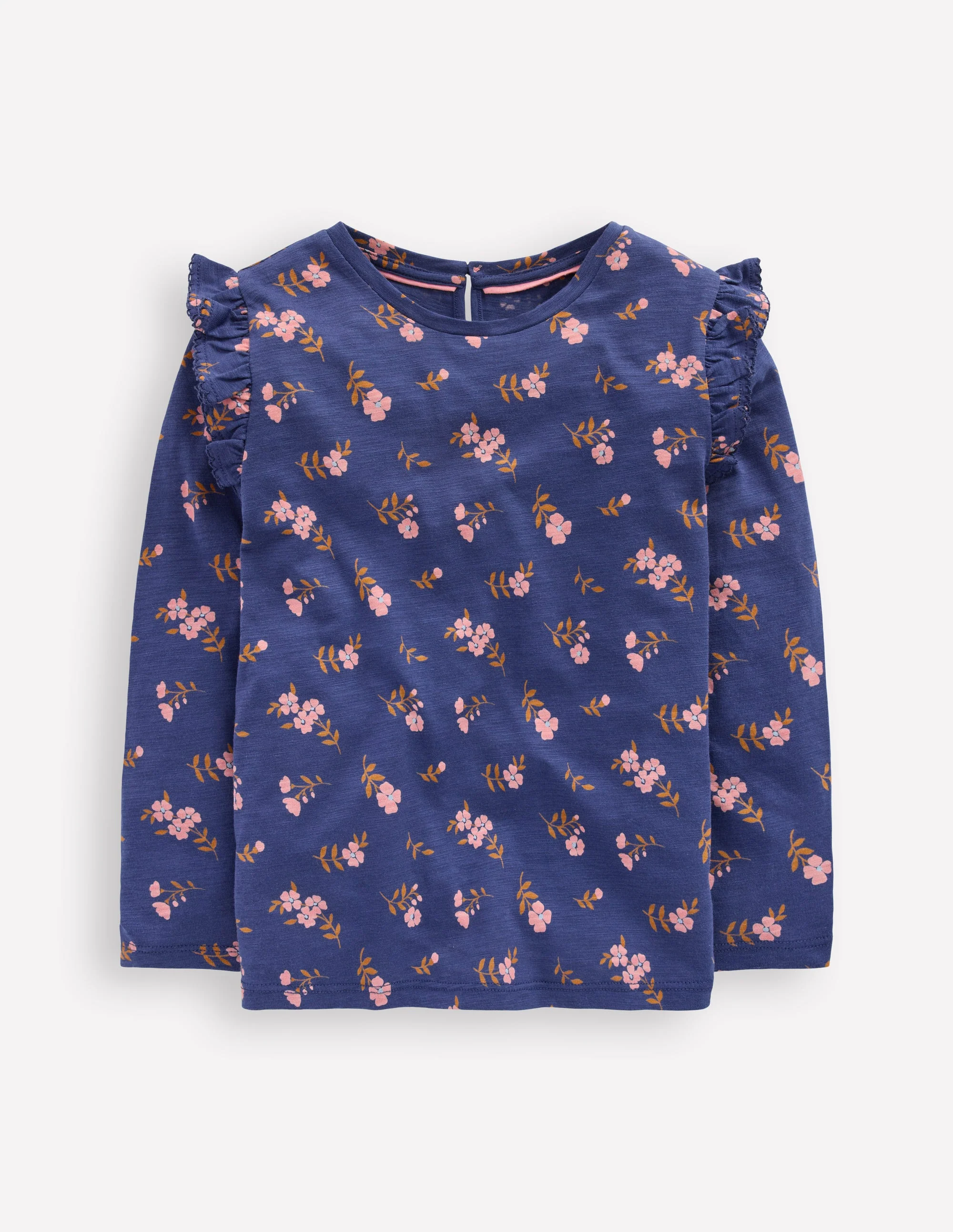 Oberteil aus Flammgarn mit Rüschenärmeln-Segelblau, Blumenmuster
