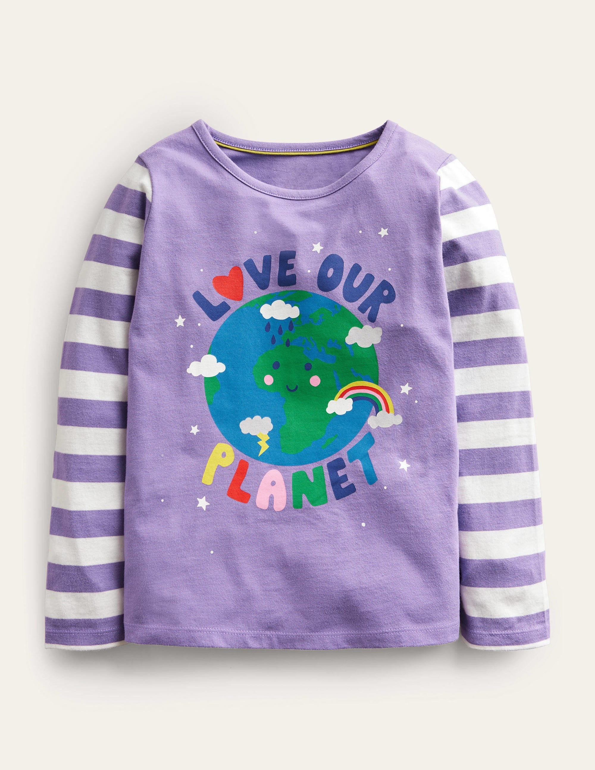 Oberteil mit Regenbogenmotiv-Violett, Love-Our-Planet-Schriftzug