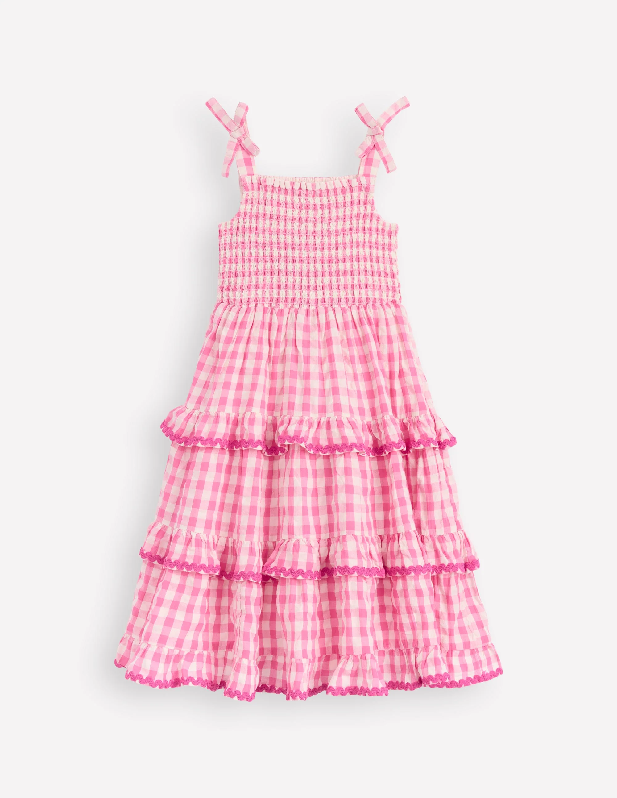 Odette Gewebtes Sommerkleid mit Stufendesign-Rosa Vichykaro Gänseblümchen