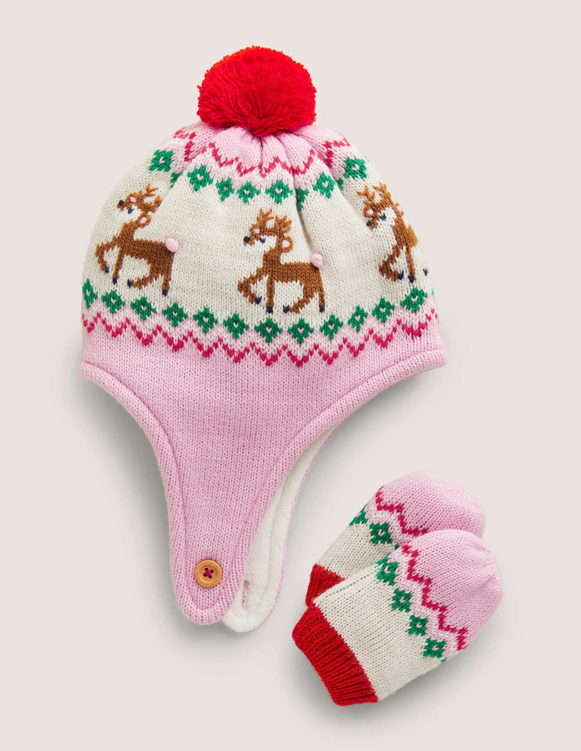 Originelles Set aus Mütze und Fäustlingen-Rosa, Fair-Isle-Muster