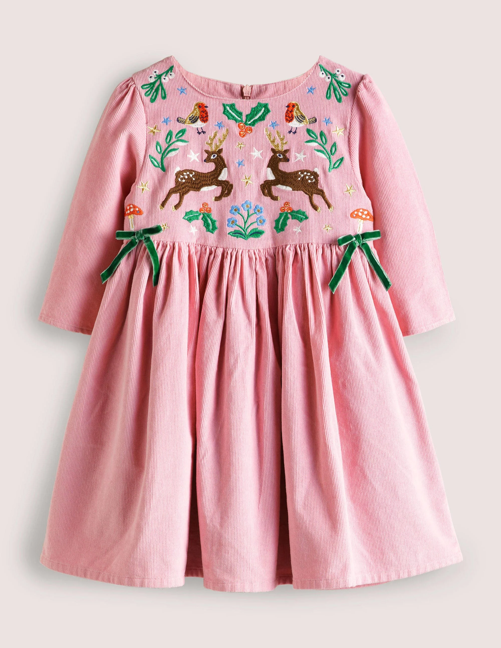 Pink Reindeer Cord Embroidered Party Dress-Cameo-Rosa, Rentier