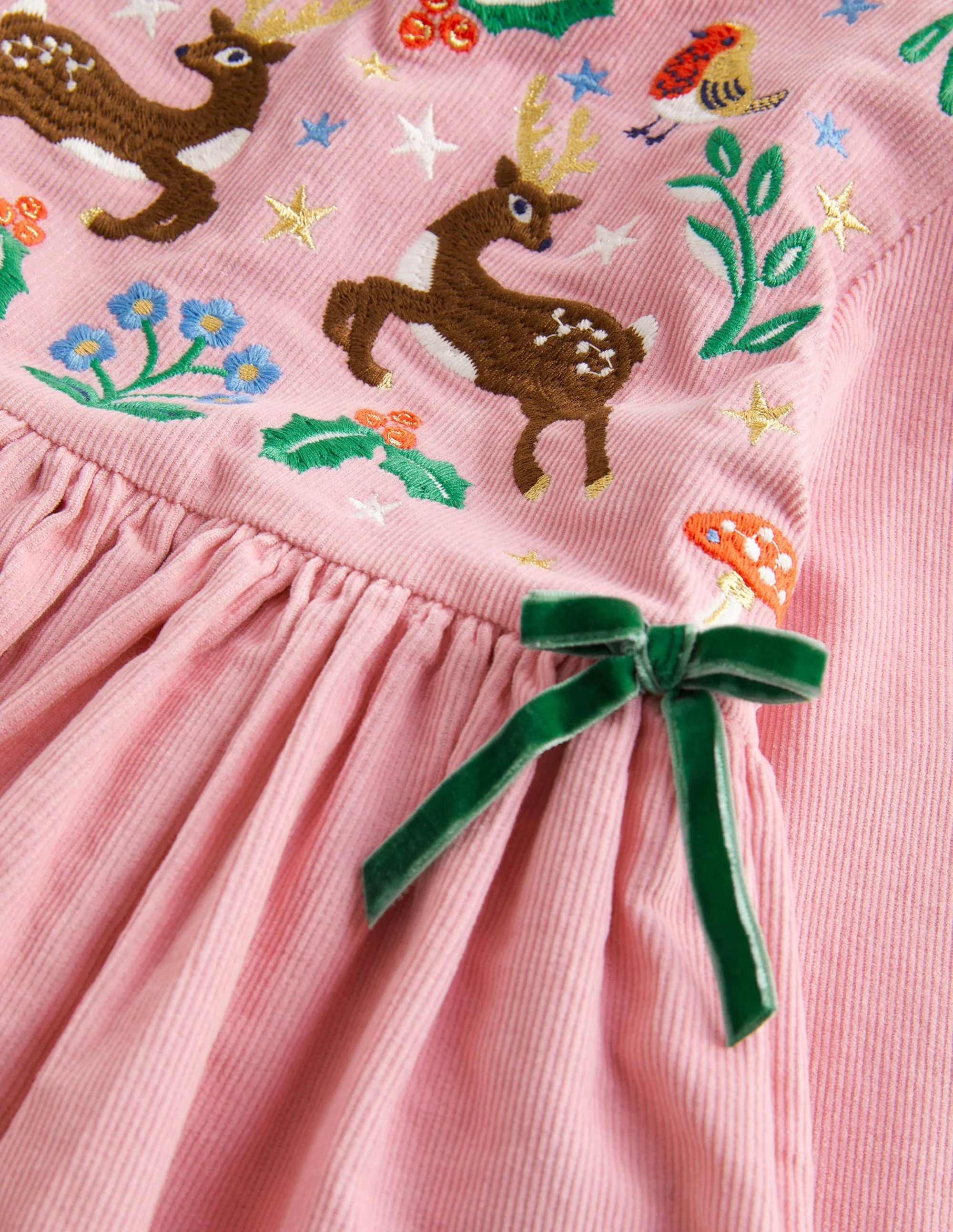 Pink Reindeer Cord Embroidered Party Dress-Cameo-Rosa, Rentier - Image 3
