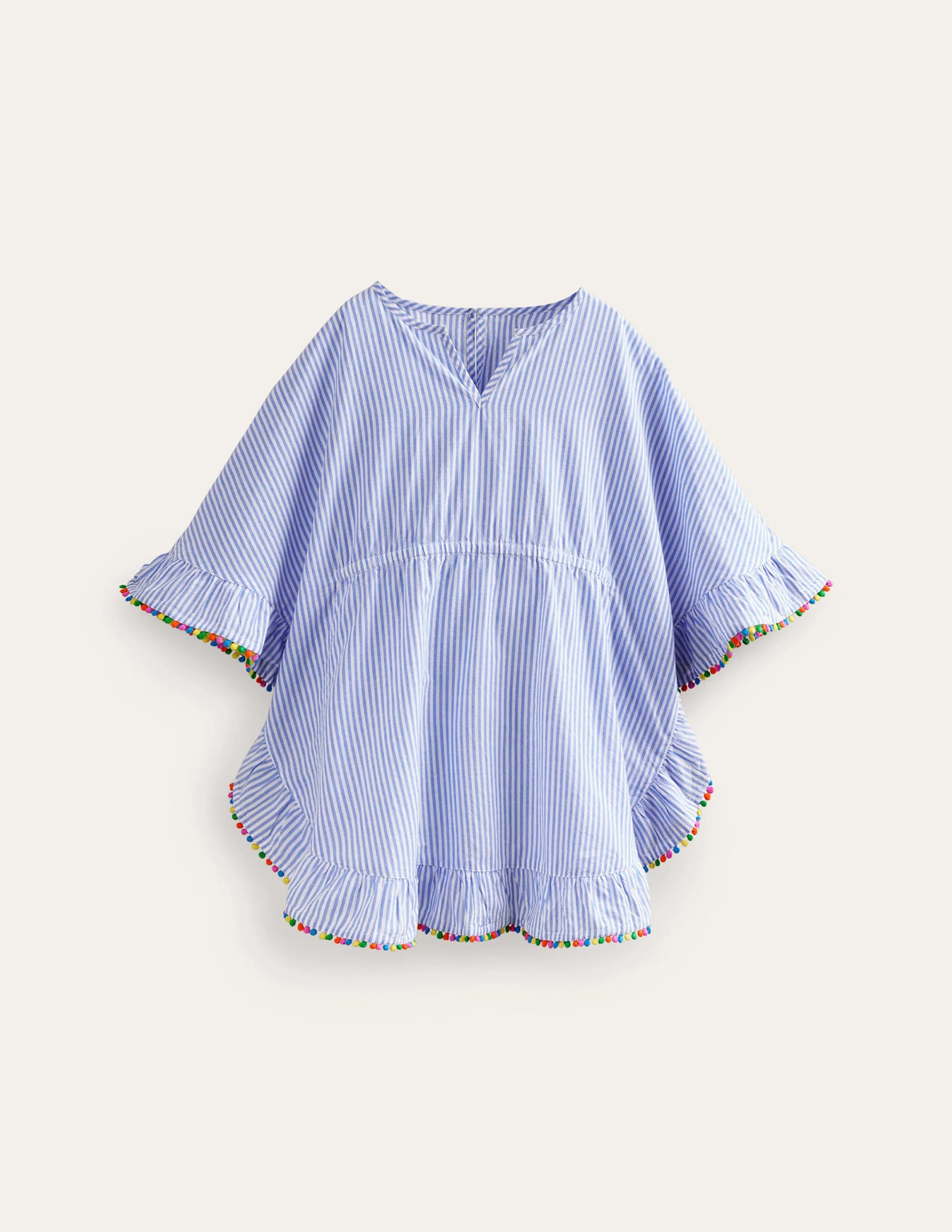 Poncho-Kaftan mit Bommelbesatz-Blau/Naturweiß Gestreift