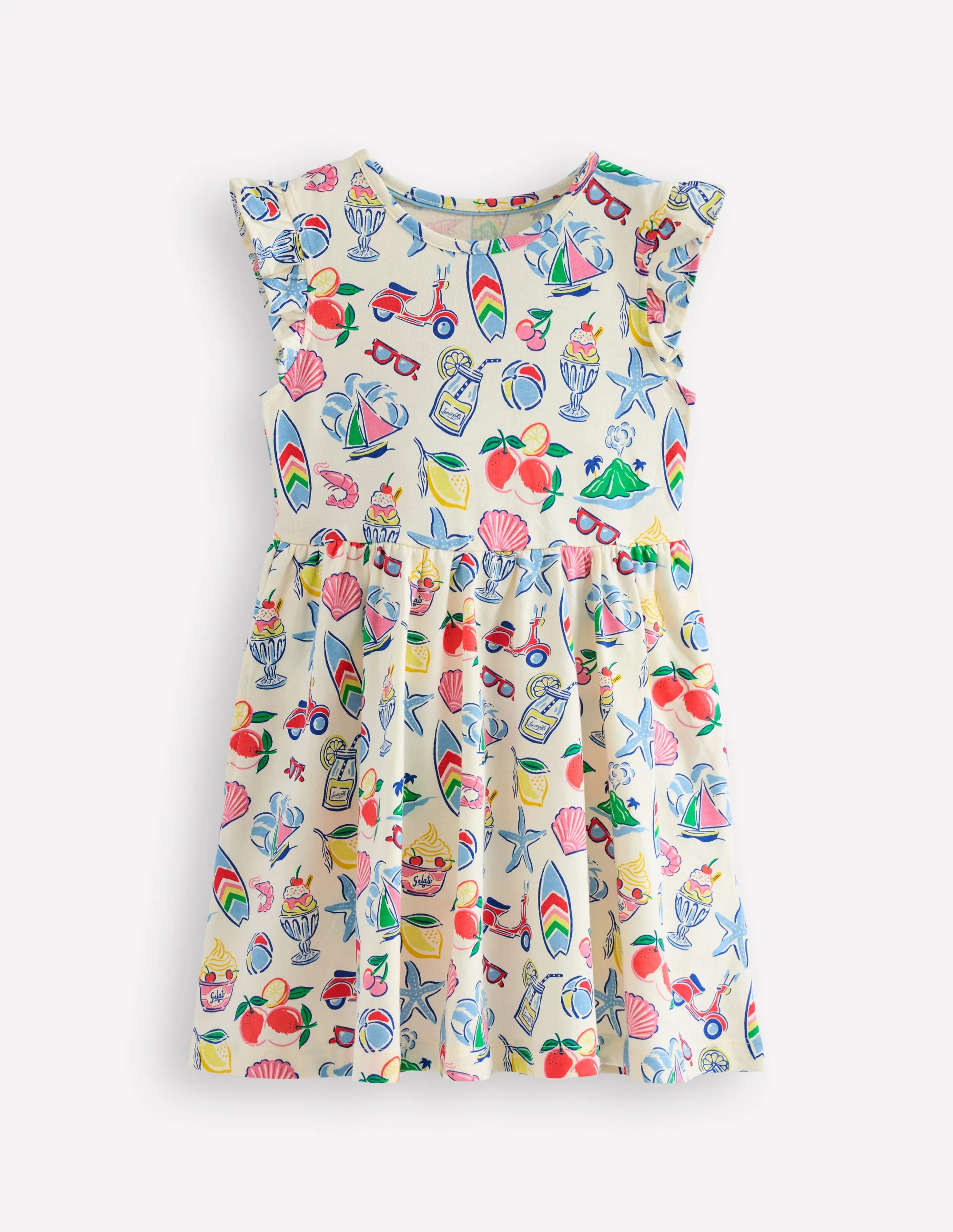 Posie Kleid mit Rüschenärmeln-Elfenbein, Urlaubsmotiv