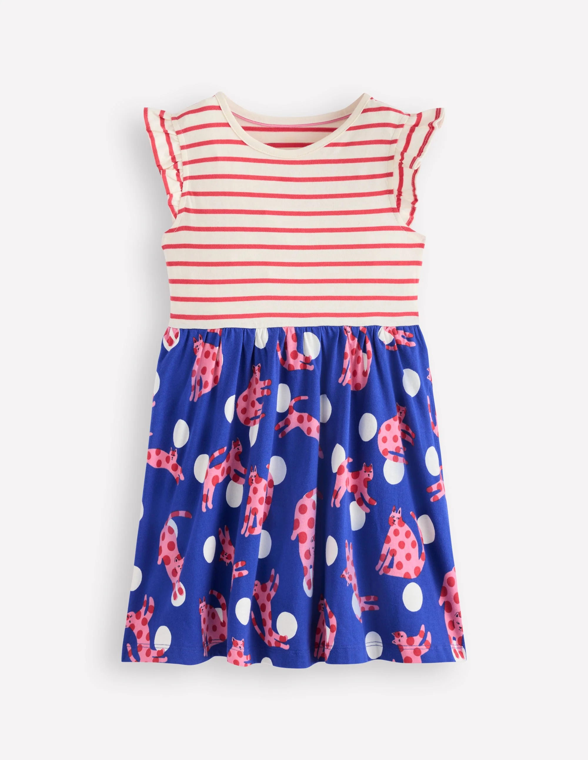 Posie Kleid mit Rüschenärmeln-Leuchtendes Blau Gepunktete Katzen
