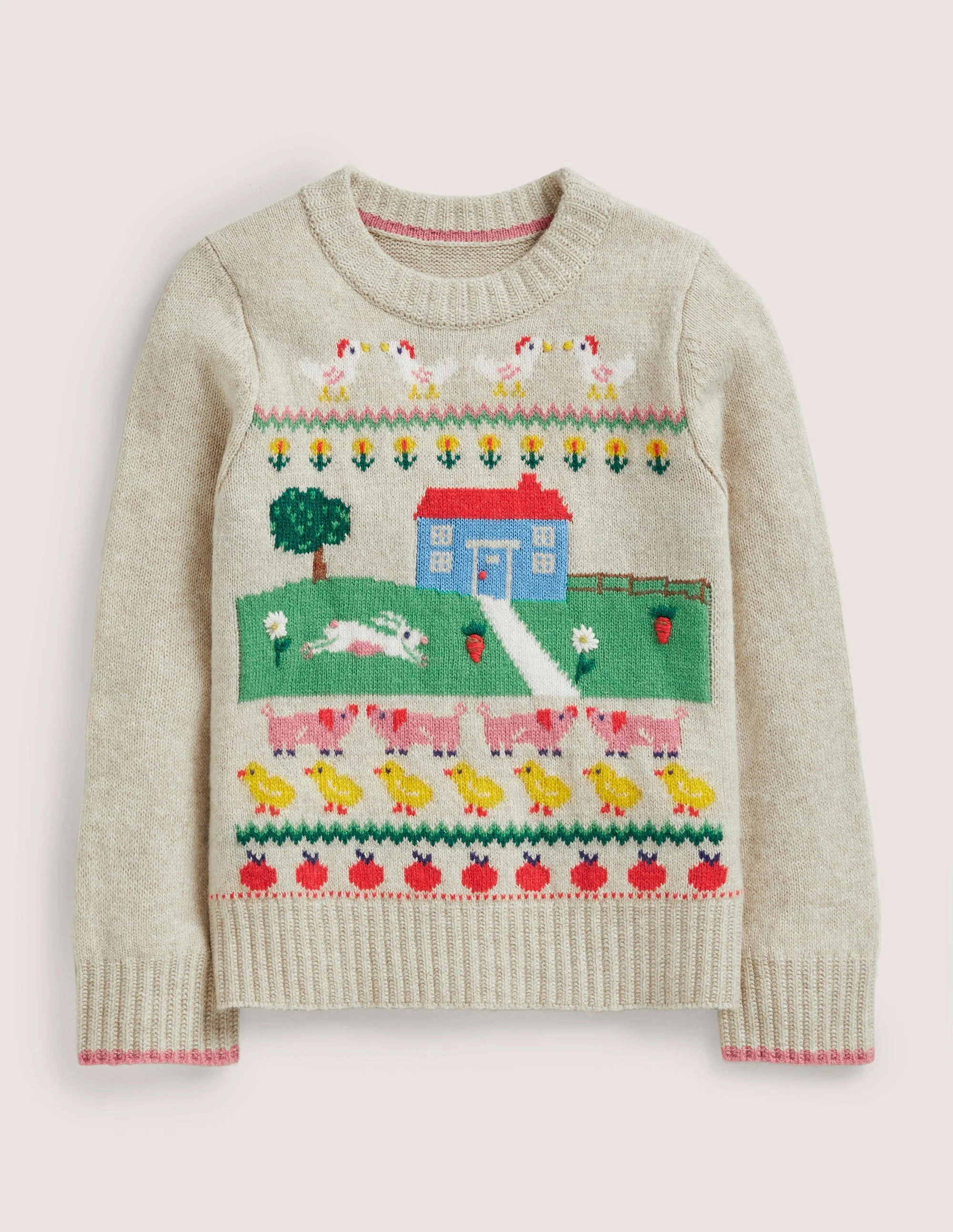 Pullover mit Bauernhof-Motiv-Hellbeige Meliert, Hausmotiv