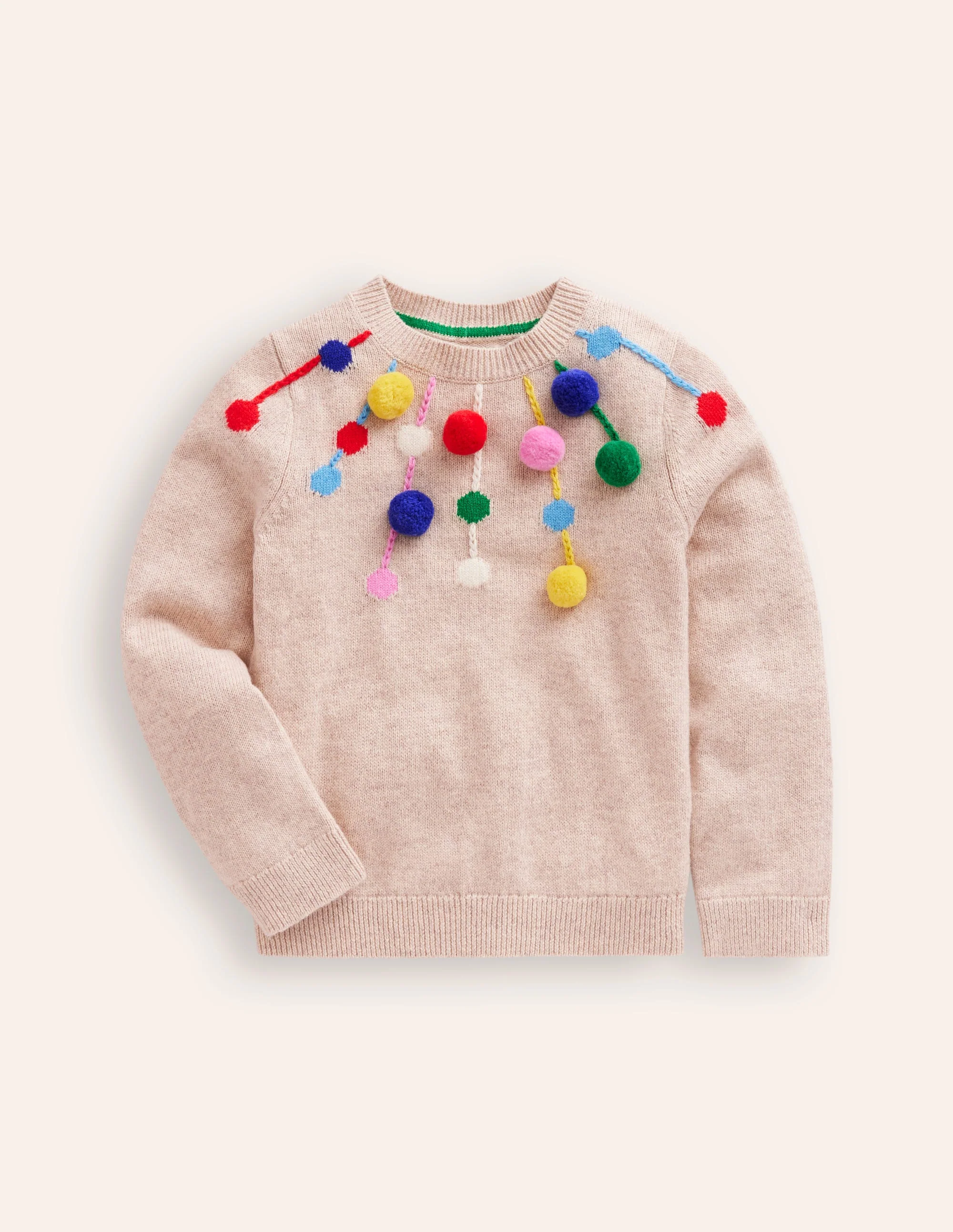 Pullover mit Bommeln-Haferbeige Bommel