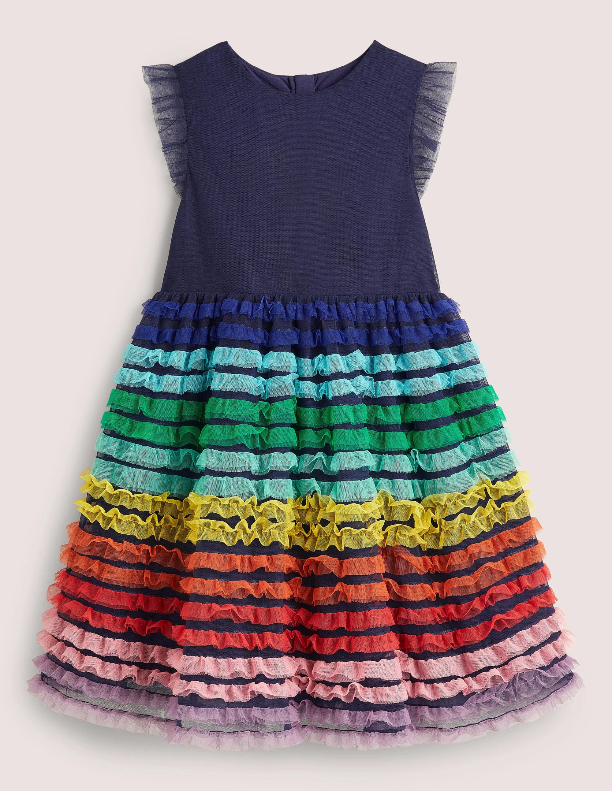 Rainbow Tiered Tulle Party Dress-Segelblau, Regenbogenrüschen