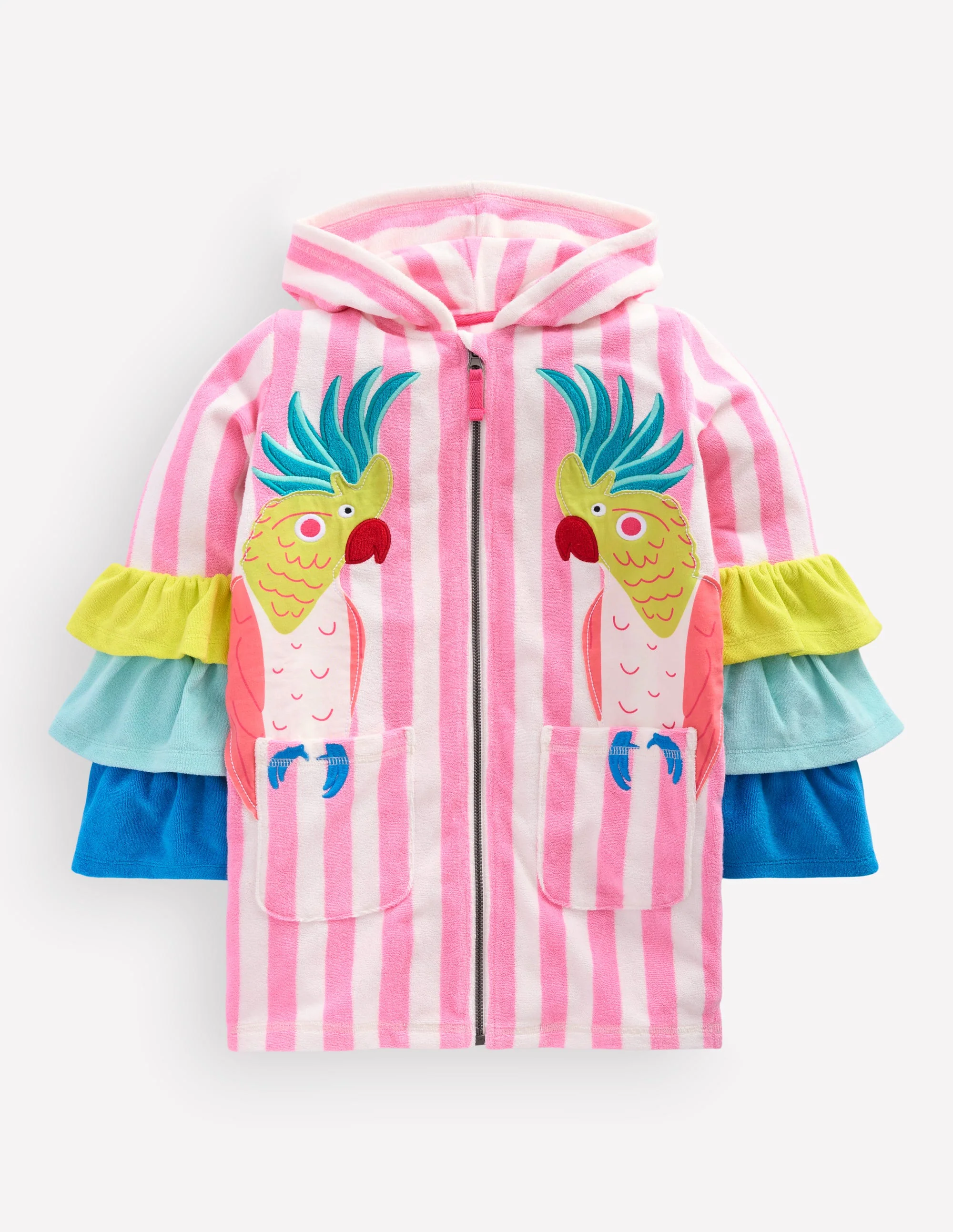 Romie Origineller Frottee-Badeponcho mit Reißverschluss-Streifen Rüschen Papageien - Image 2