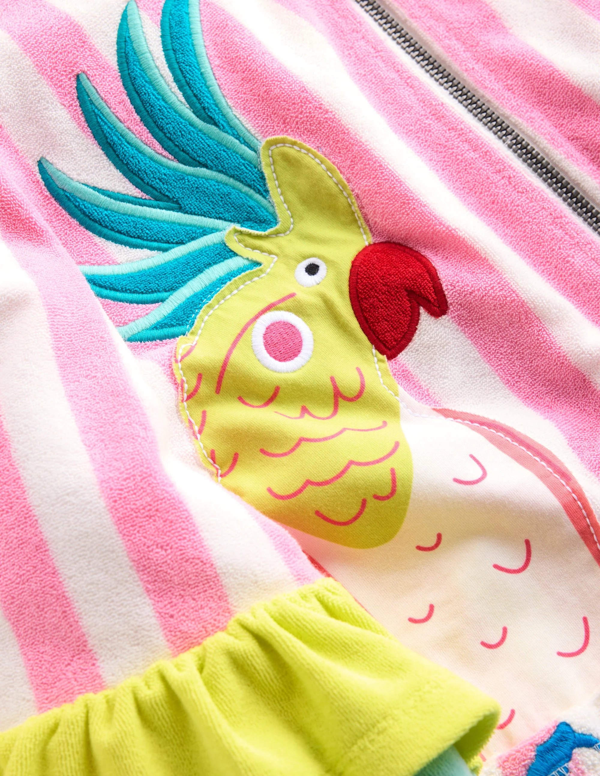 Romie Origineller Frottee-Badeponcho mit Reißverschluss-Streifen Rüschen Papageien - Image 4
