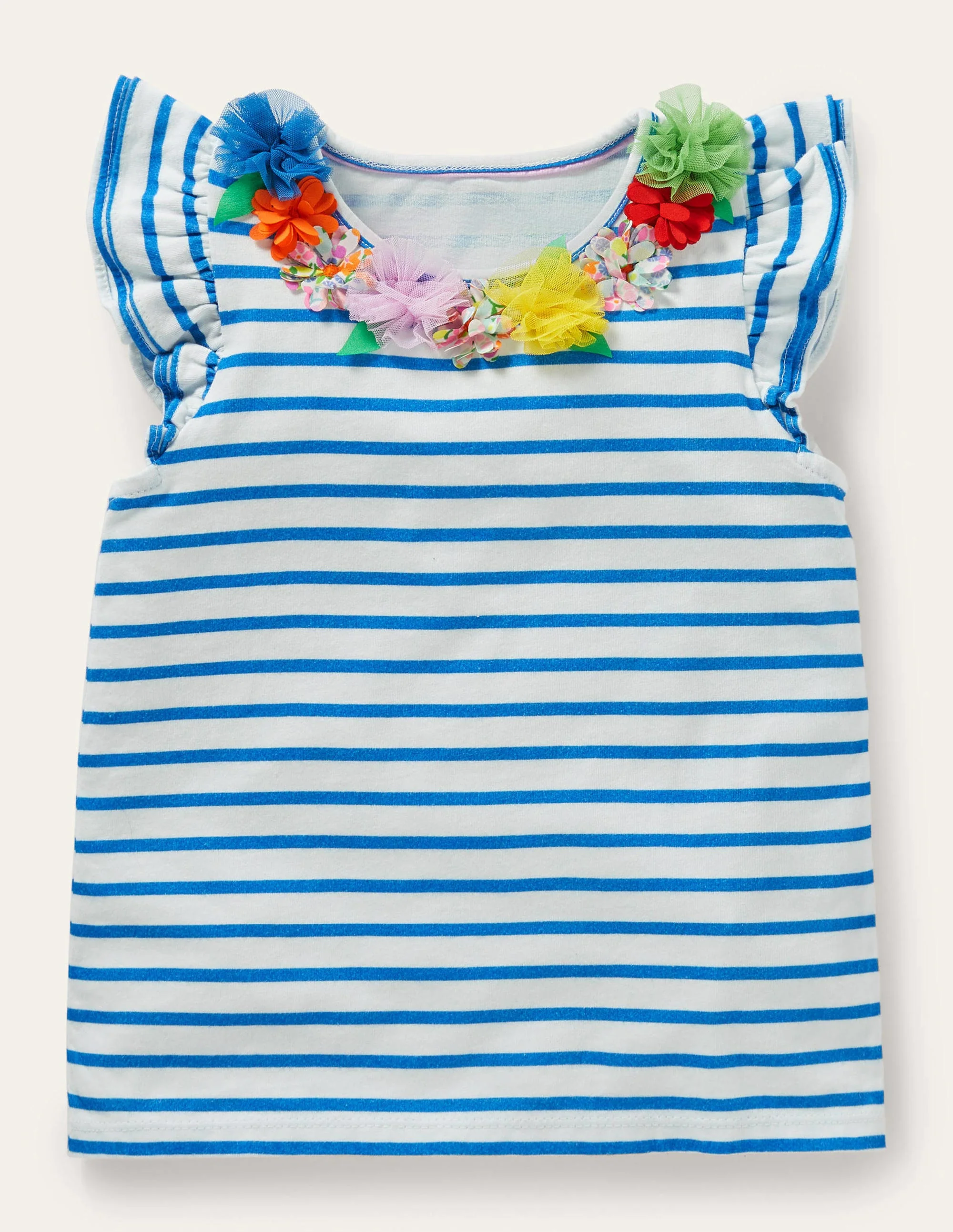 Rüschen-T-Shirt mit interessantem Motiv-Naturweiß/Helles Marineblau, Blumenmuster