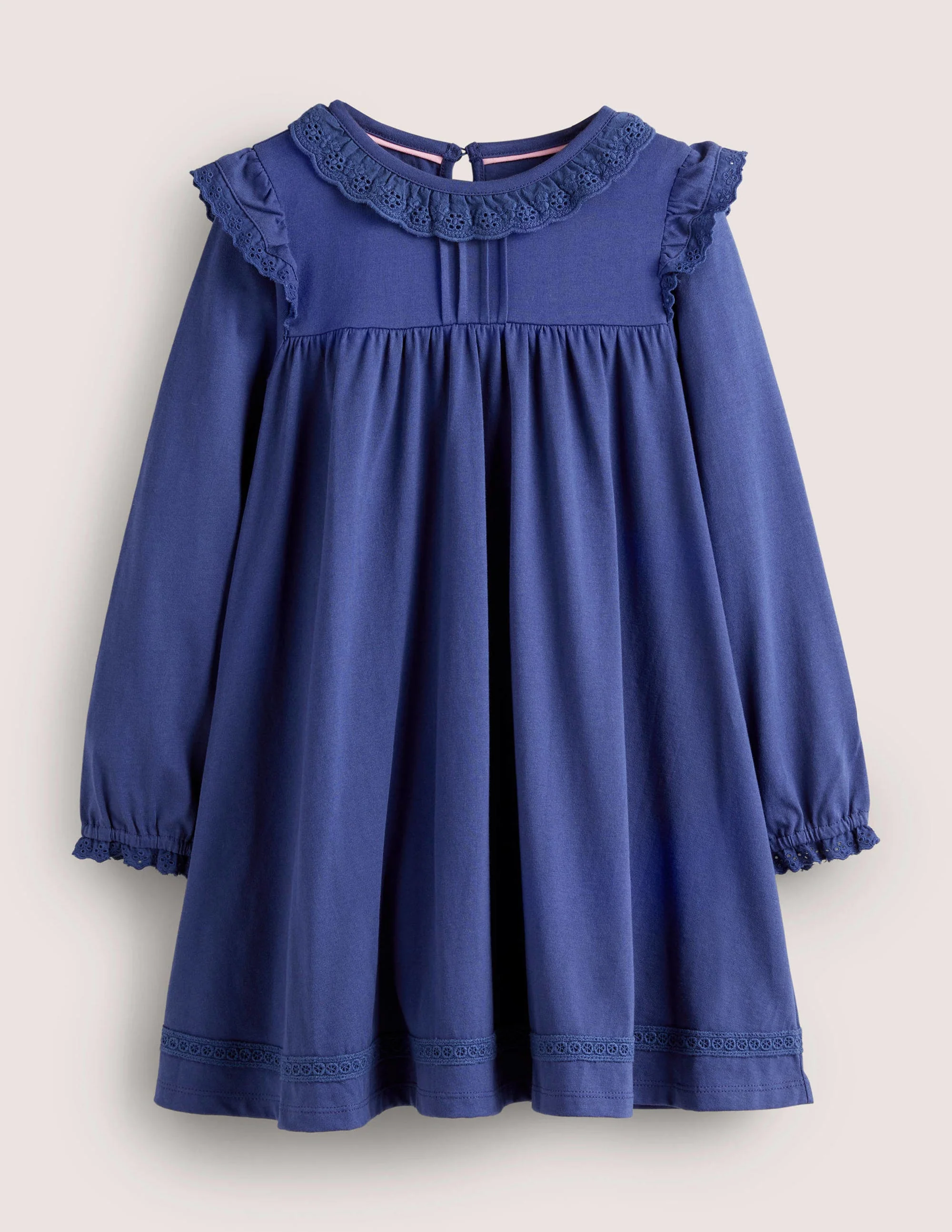 Rüschenkleid mit Lochstickerei-Segelblau