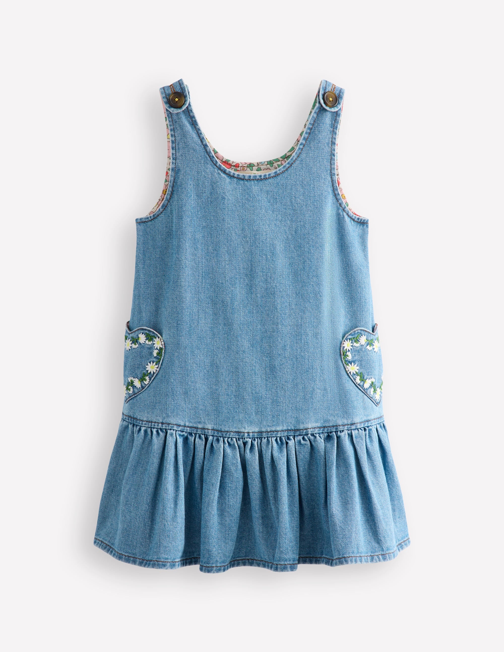 Schürzenkleid mit Herztasche-Medium Vintage Denim Gänseblümchen
