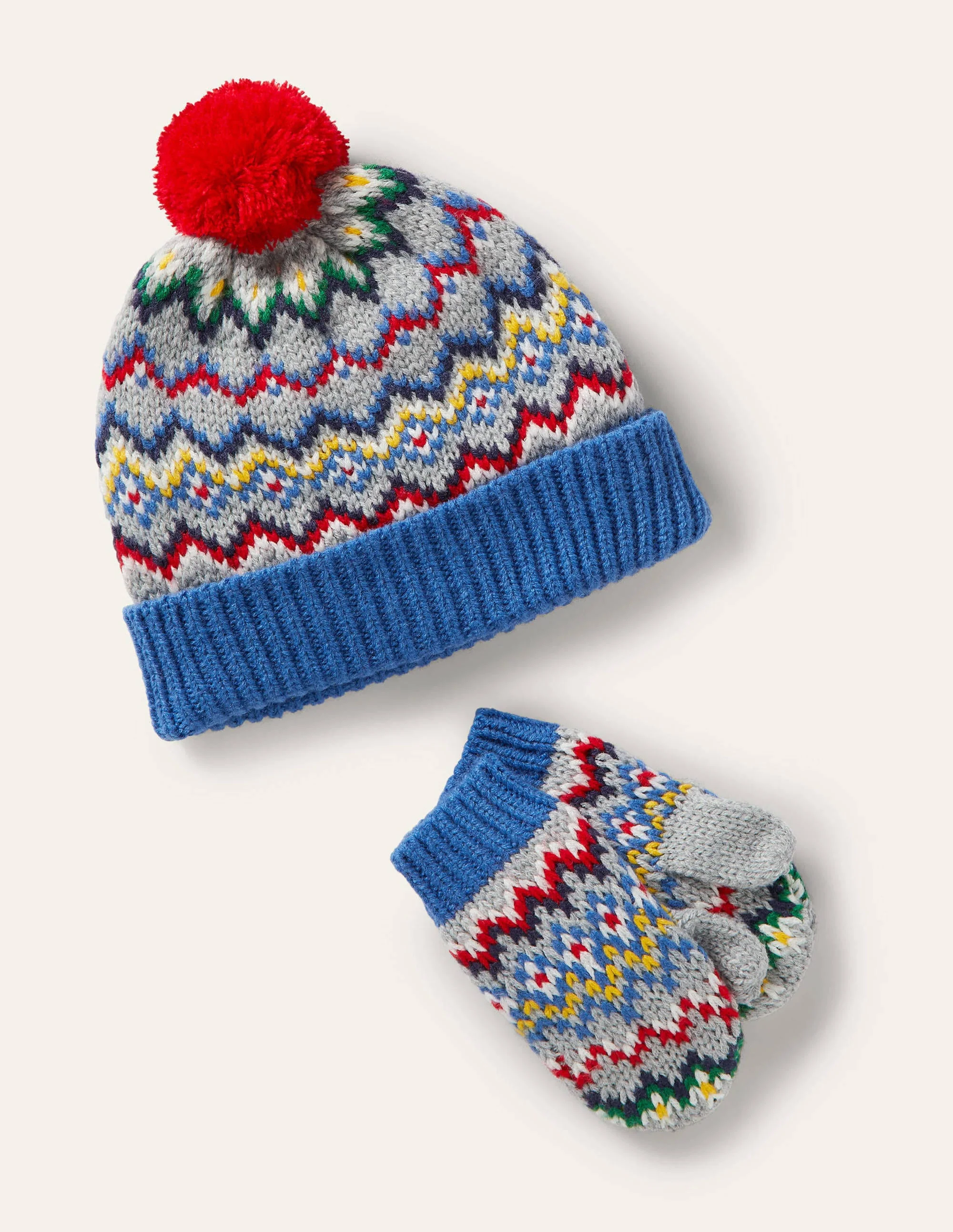 Set aus Fair-Isle-Mütze und Fäustlingen-Grau Meliert