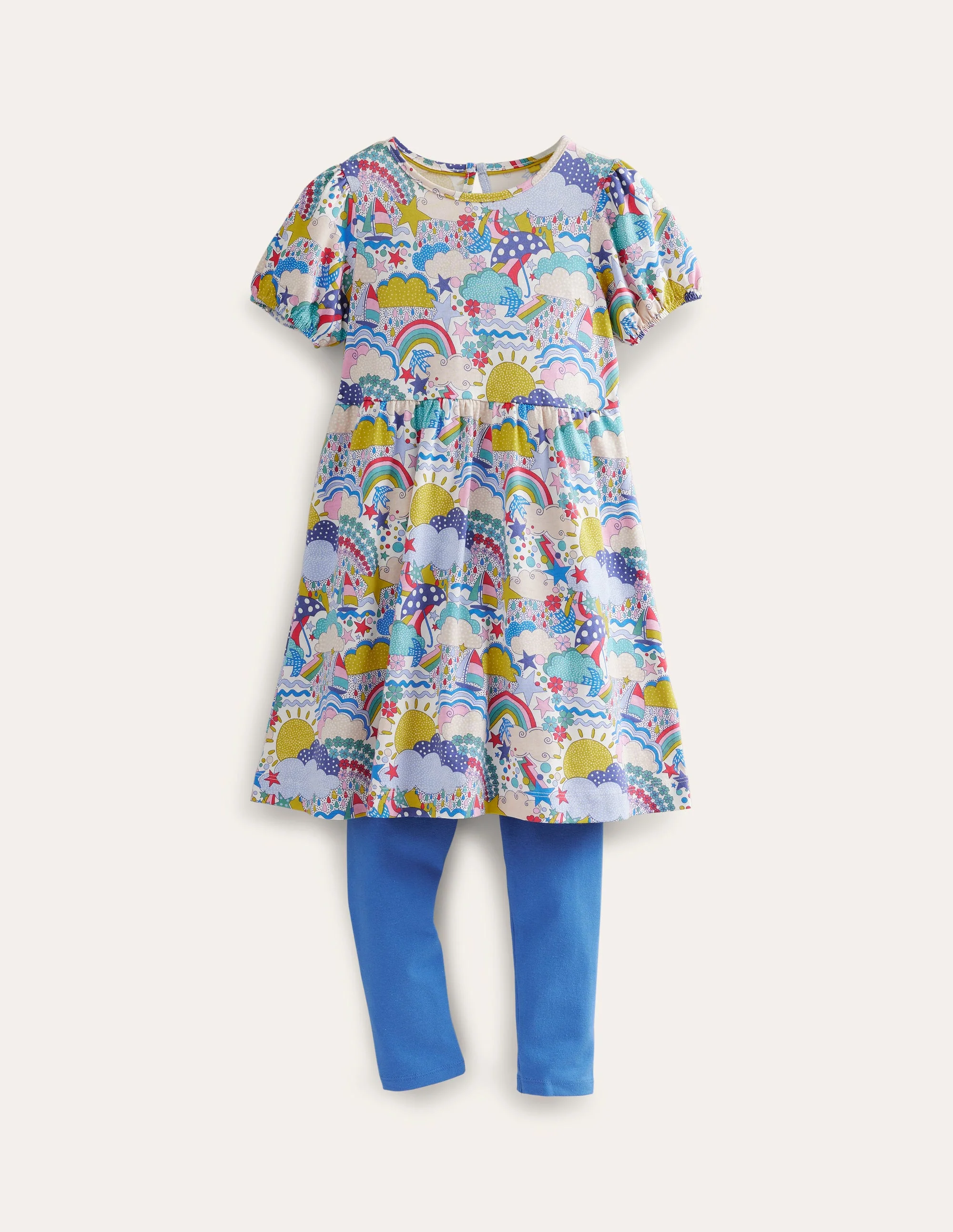 Set aus Puffärmelkleid und Leggings-Bunt Wettermotive und Blau
