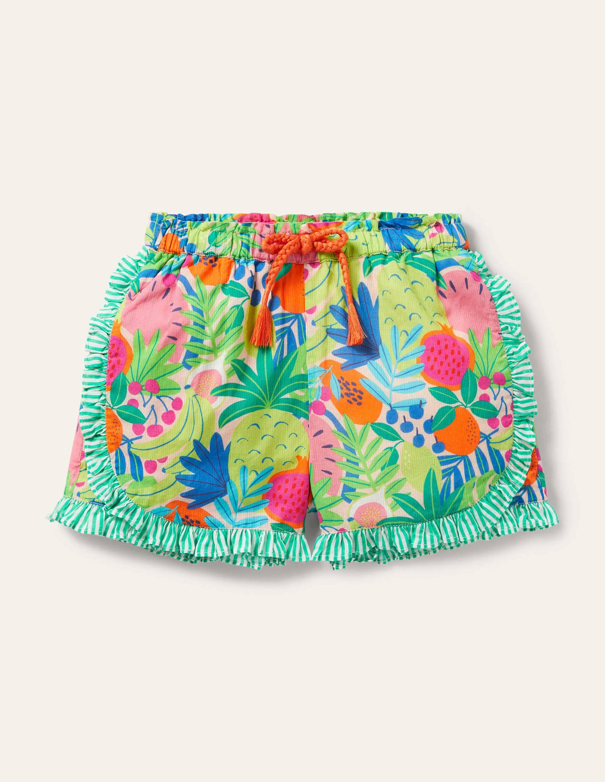 Shorts mit Mustermix und Rüschen-Bunt, Tropische Früchte