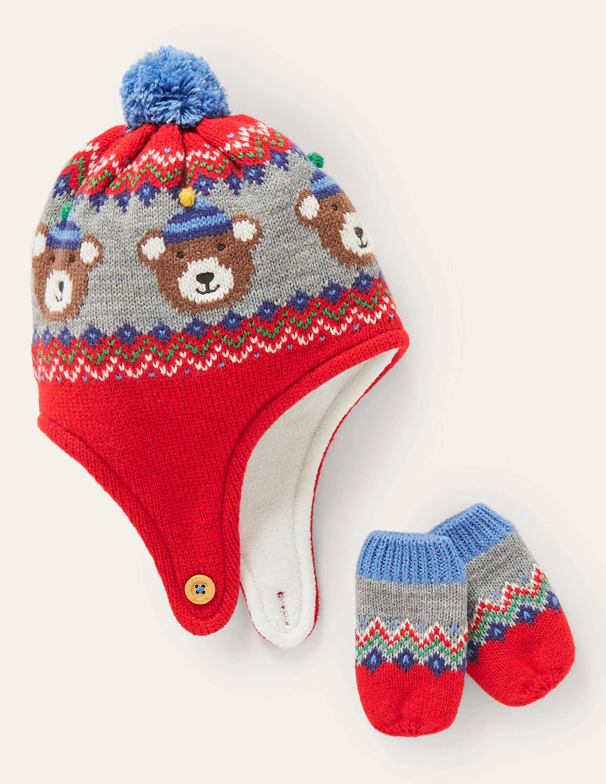 Strickset mit Bärenmotiv-Rot, Fair-Isle-Muster