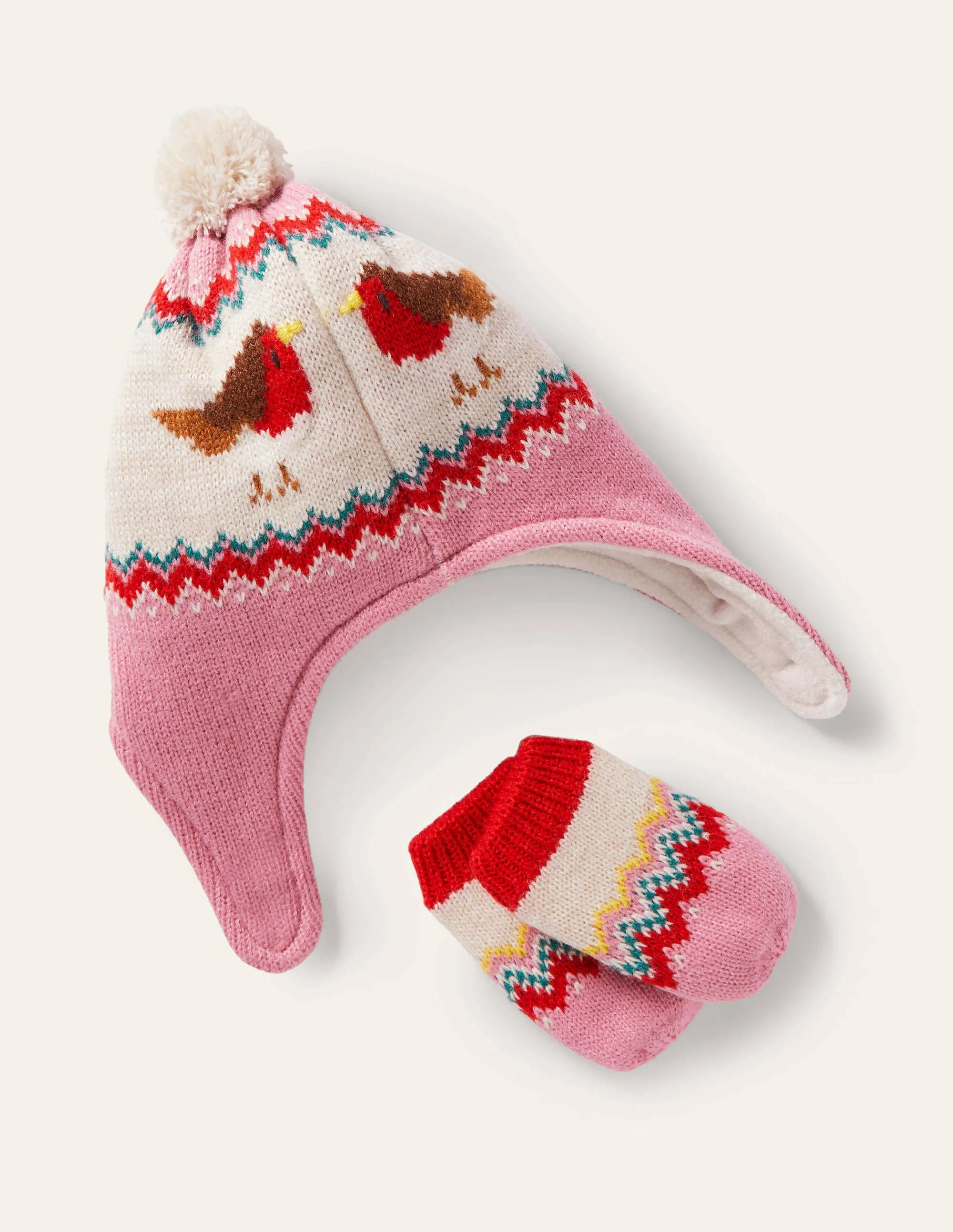 Strickset mit Rotkehlchenmotiv-Kirschblütenrosa, Rotkehlchen