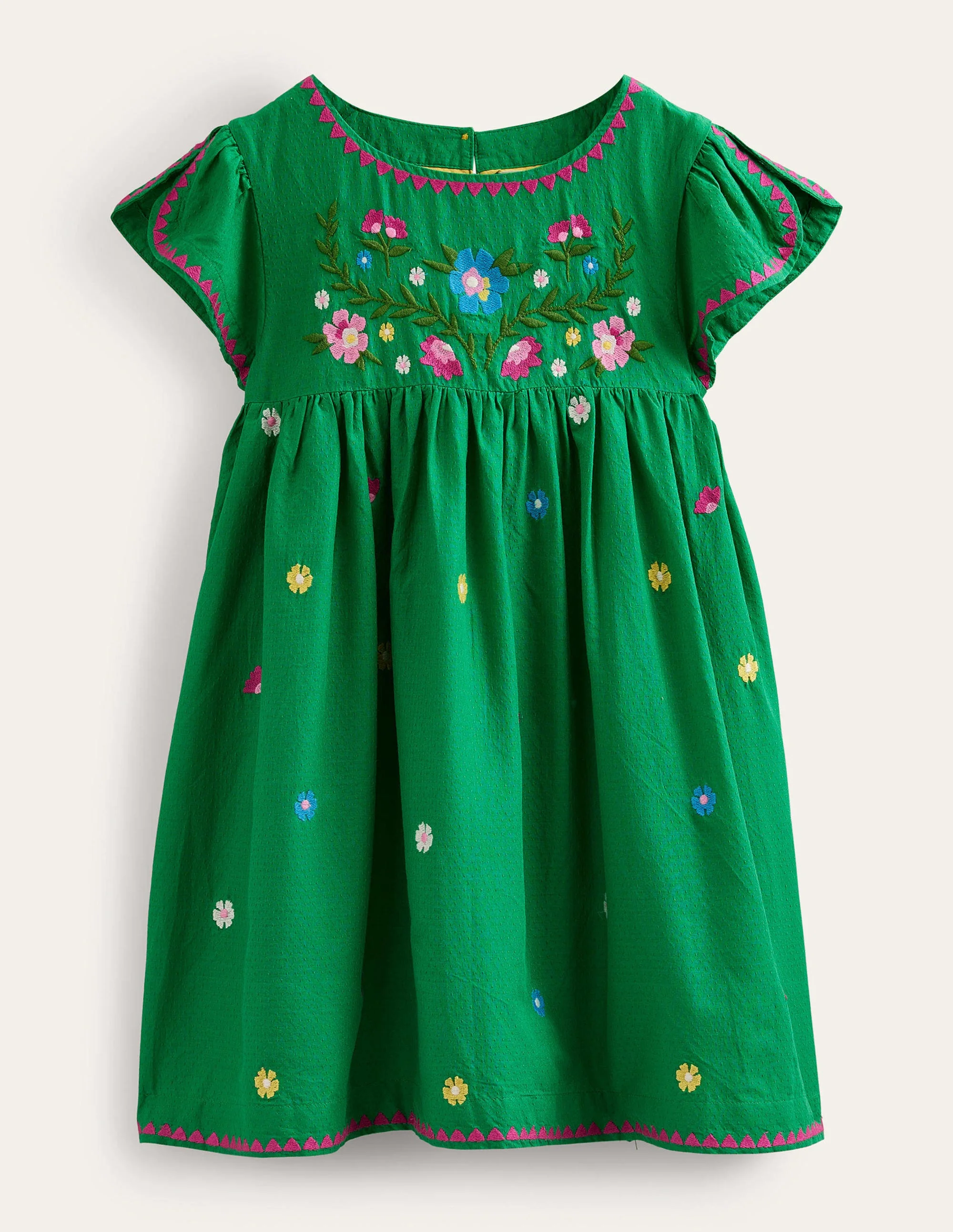 Strukturiertes Kleid mit Stickerei-Sattes Smaragdgrün