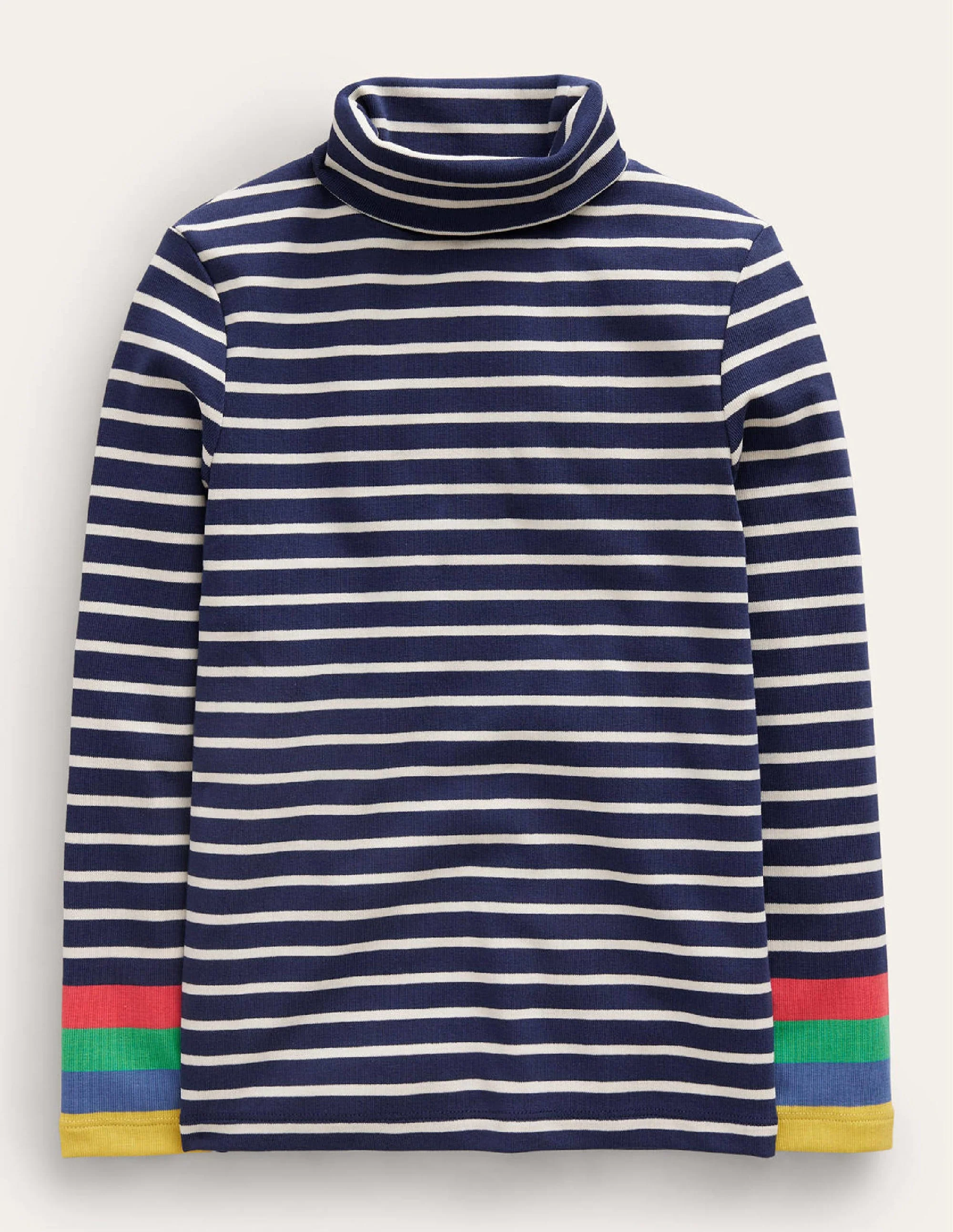 Superweiches Oberteil mit Rollkragen-Marineblau/Naturweiß Bunte Manschette