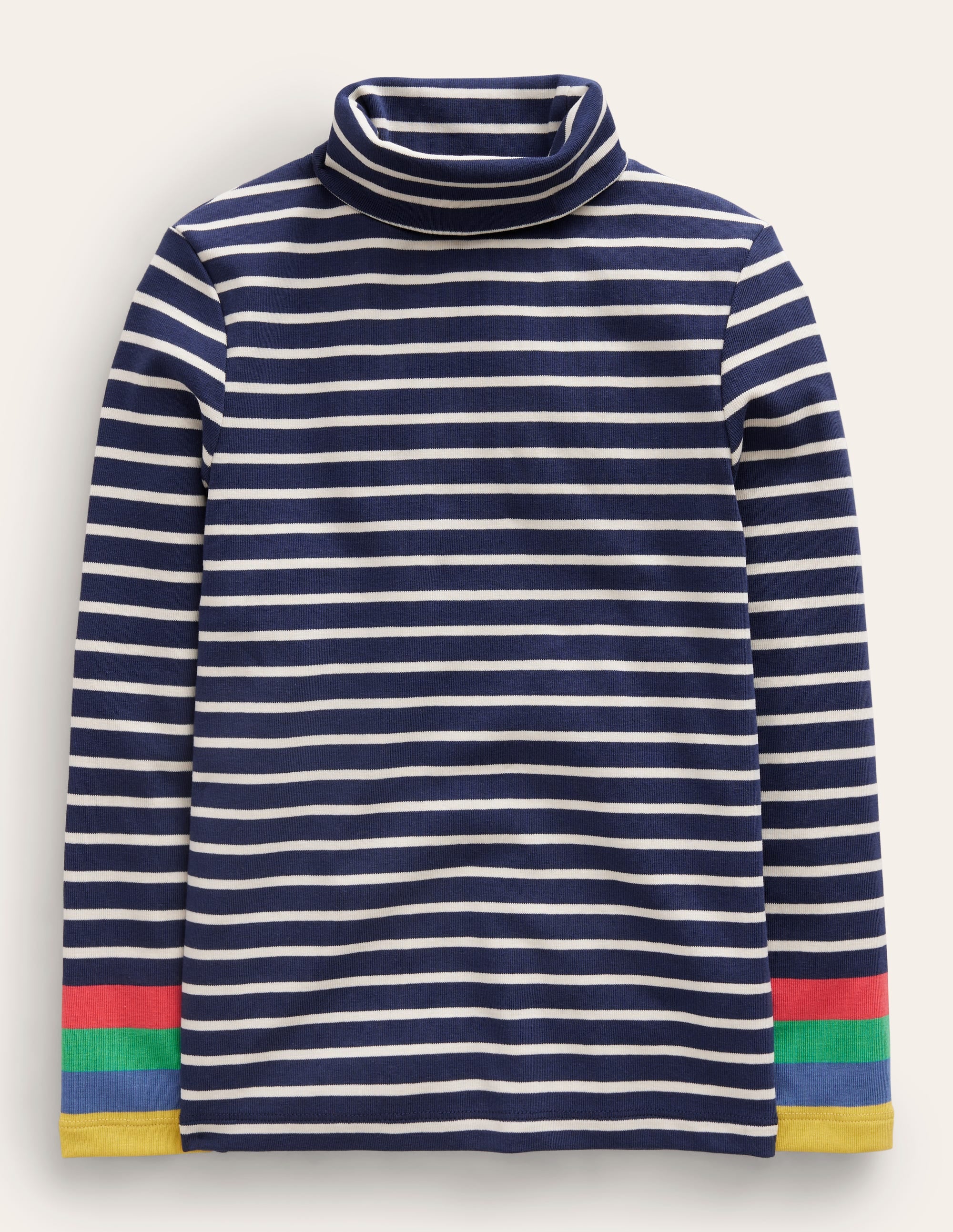 Superweiches Oberteil mit Rollkragen-Marineblau/Naturweiß Bunte Manschette
