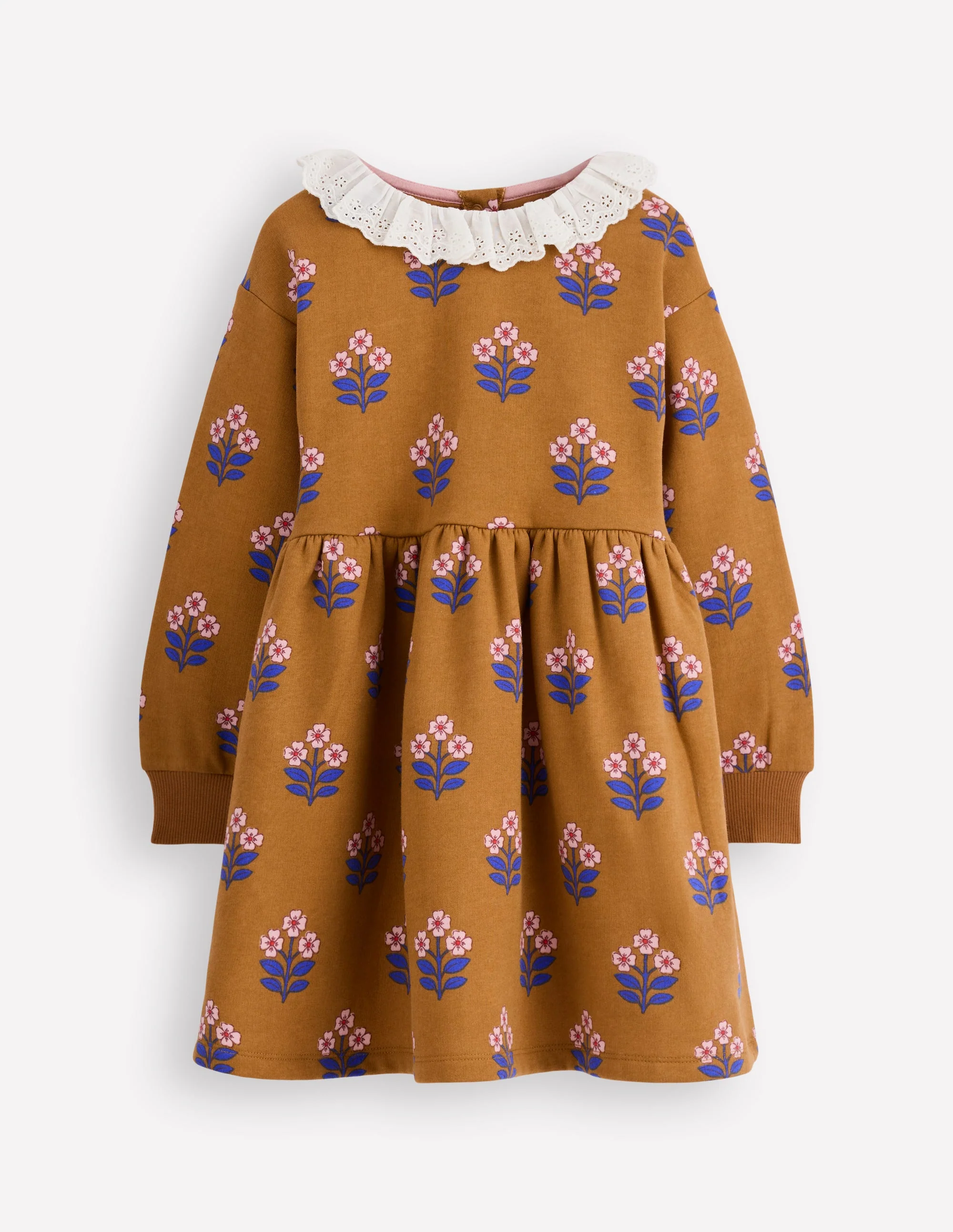 Sweatkleid mit Lochstickerei-Toffeebraun Blumenstempel