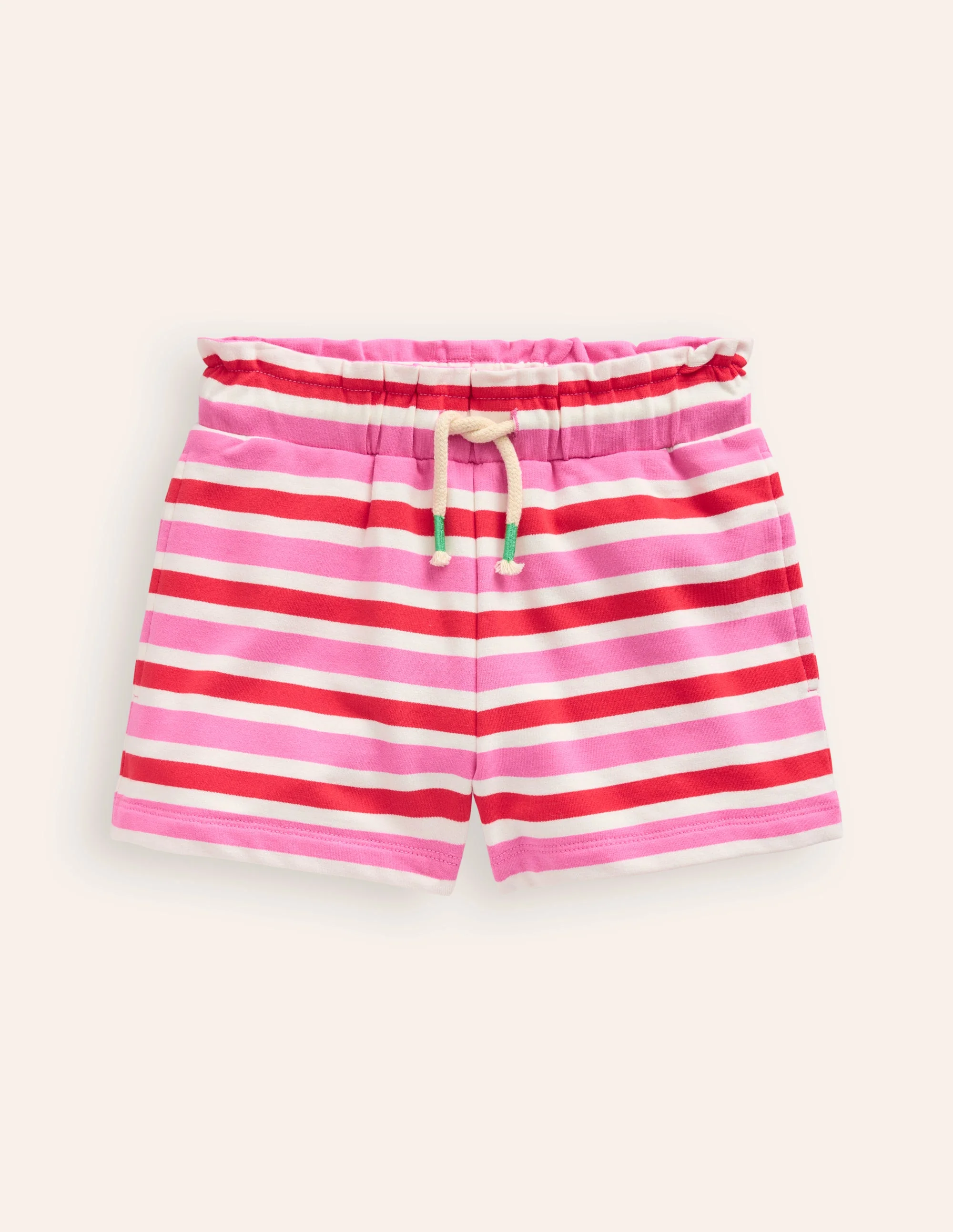 Sweatshorts mit gerüschter Taille-Mohnblumenrot/Rosa Streifen