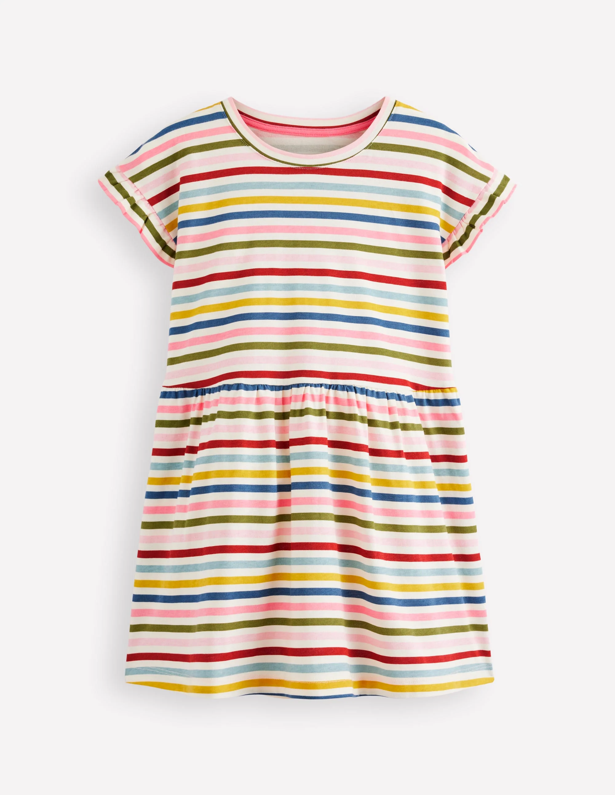 T-Shirt-Kleid aus Jersey-Kastanienbraun, Rosa und Blau Streifen